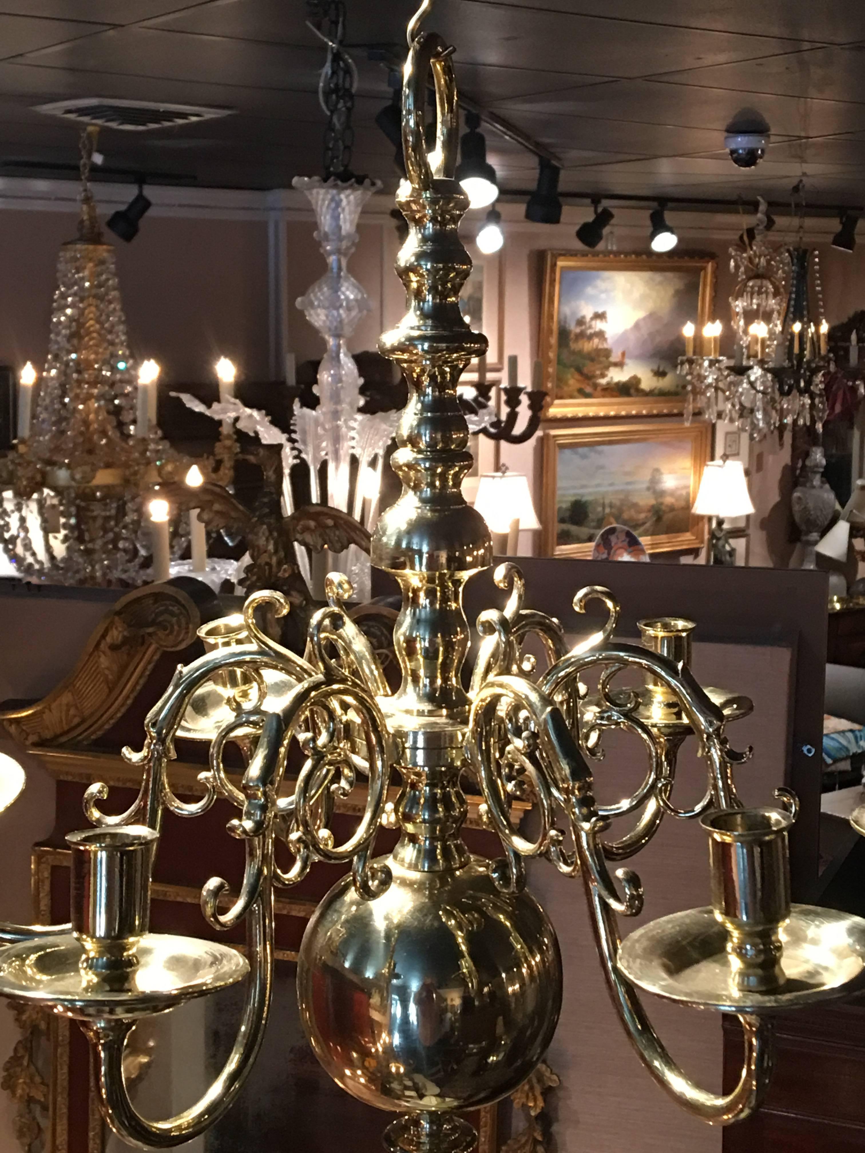 Dutch Style French Polished Brass Six-Light Chandelier, 19th Century 1