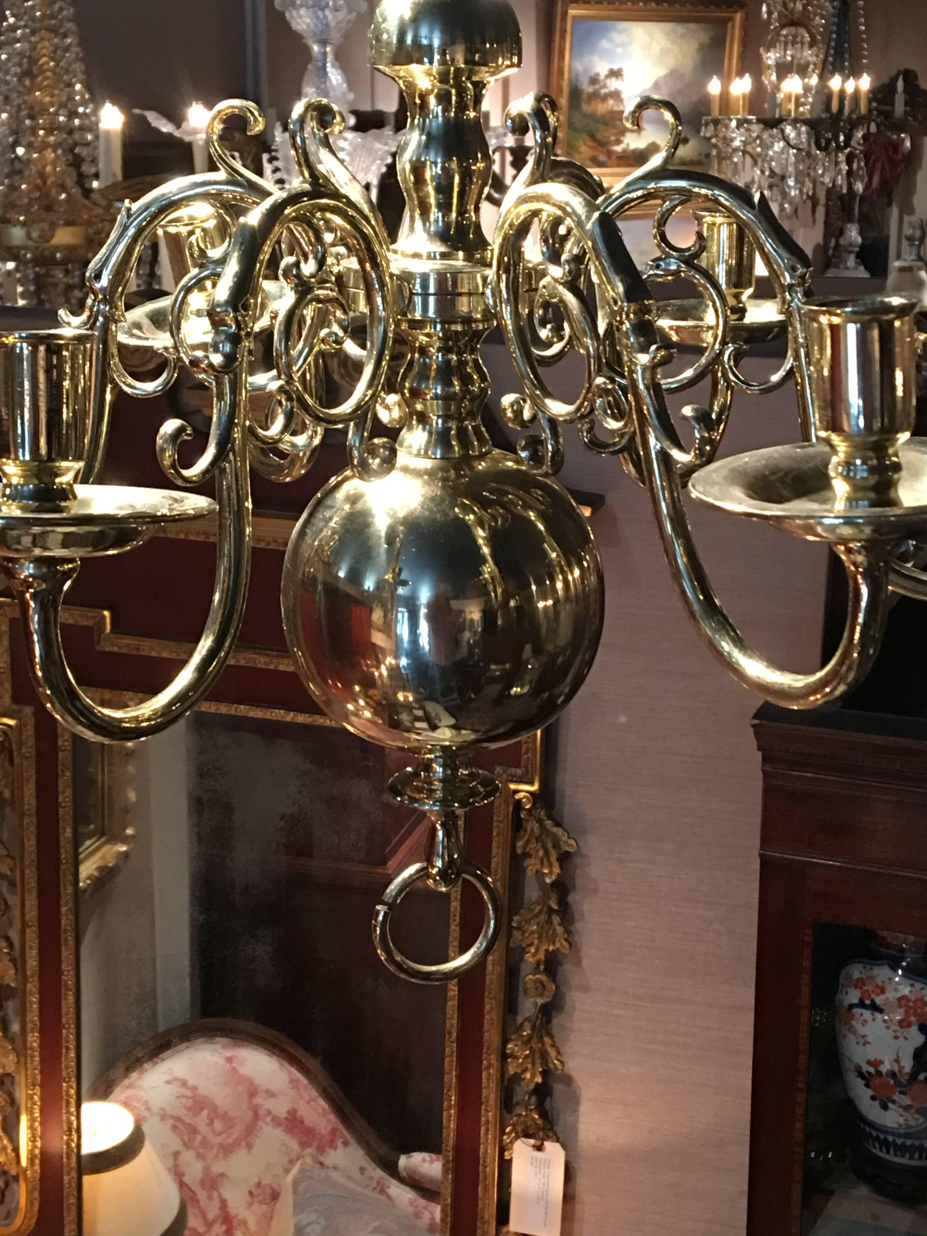 Dutch Style French Polished Brass Six-Light Chandelier, 19th Century 2