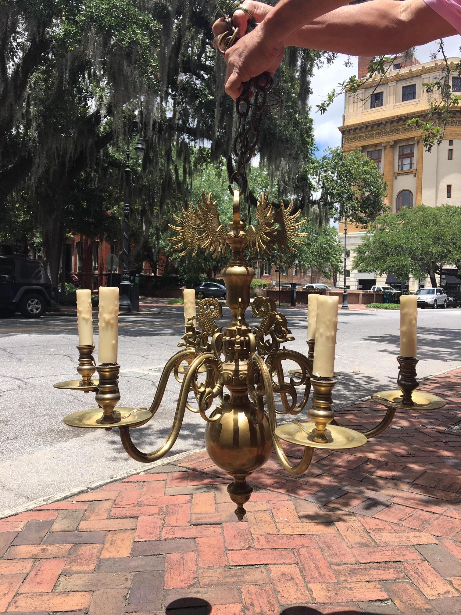 Dutch Style Six-Light Brass Chandelier with Decorative Figures, 19th Century 7