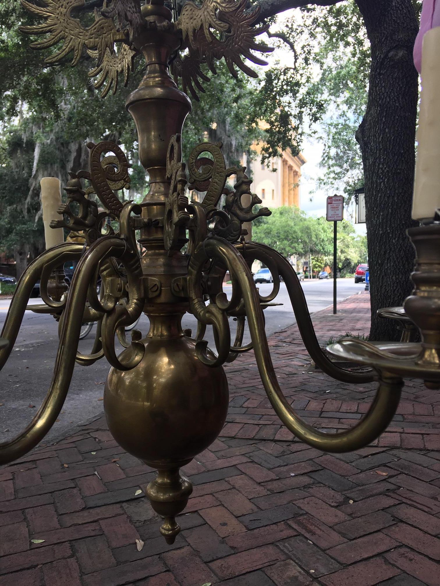 Dutch Style Six-Light Brass Chandelier with Decorative Figures, 19th Century 11