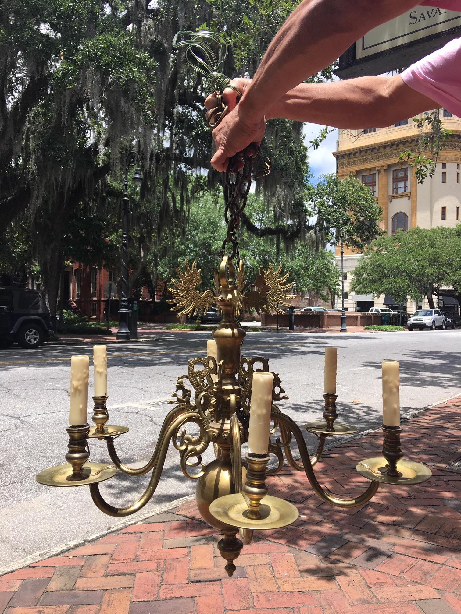 Dutch Style Six-Light Brass Chandelier with Decorative Figures, 19th Century 12