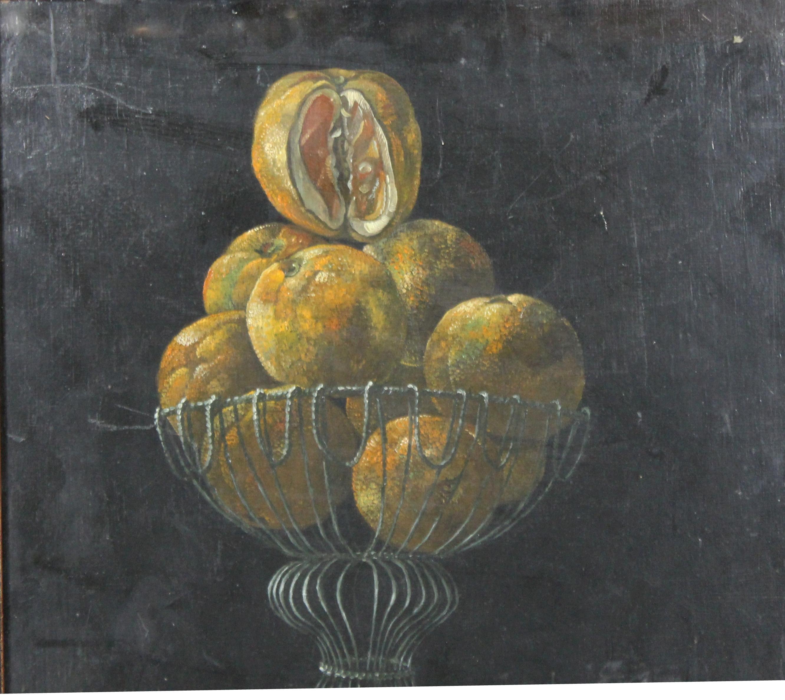 Dutch style still life oil on Masonite painting depicting oranges placed in a metal wire bowl atop a marble table. The piece is set in its original frame and was made during the 1950s. No signature or marks. In great vintage condition with