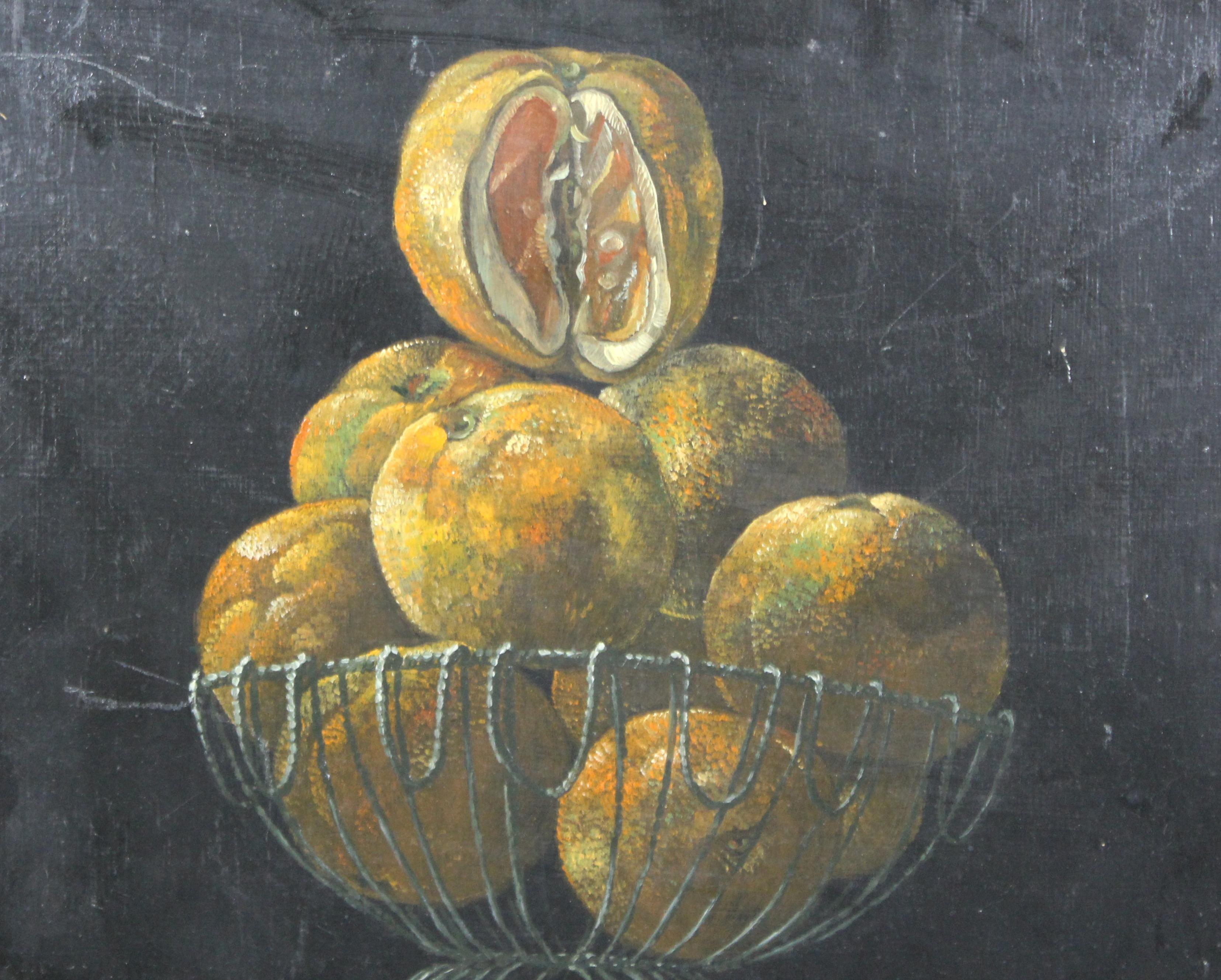 Neoclassical Dutch Style Still Life Oil Painting with Oranges and Metal Bowl