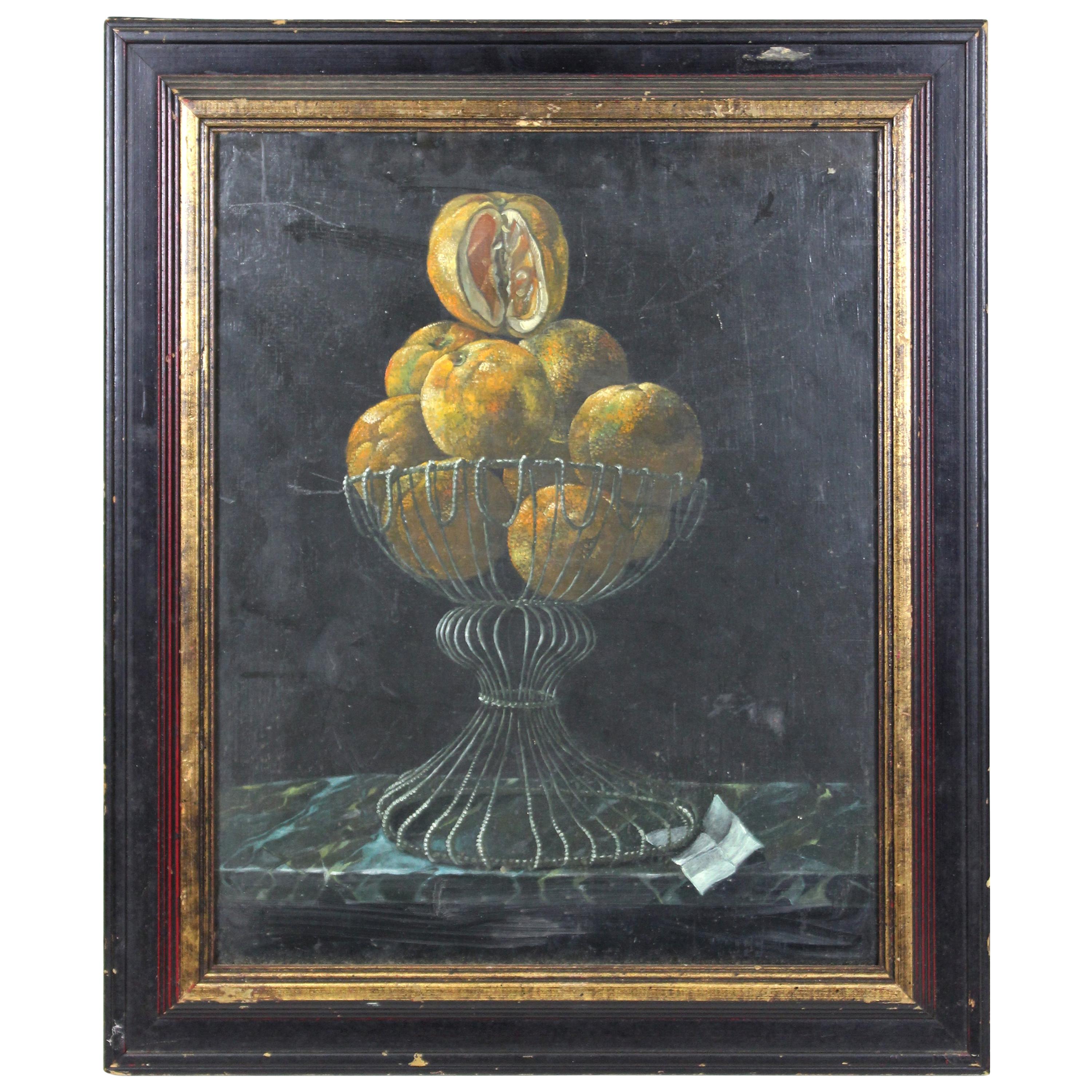 Dutch Style Still Life Oil Painting with Oranges and Metal Bowl For Sale