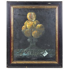 Nature morte de style néerlandais à l'huile avec des oranges et un bol en métal