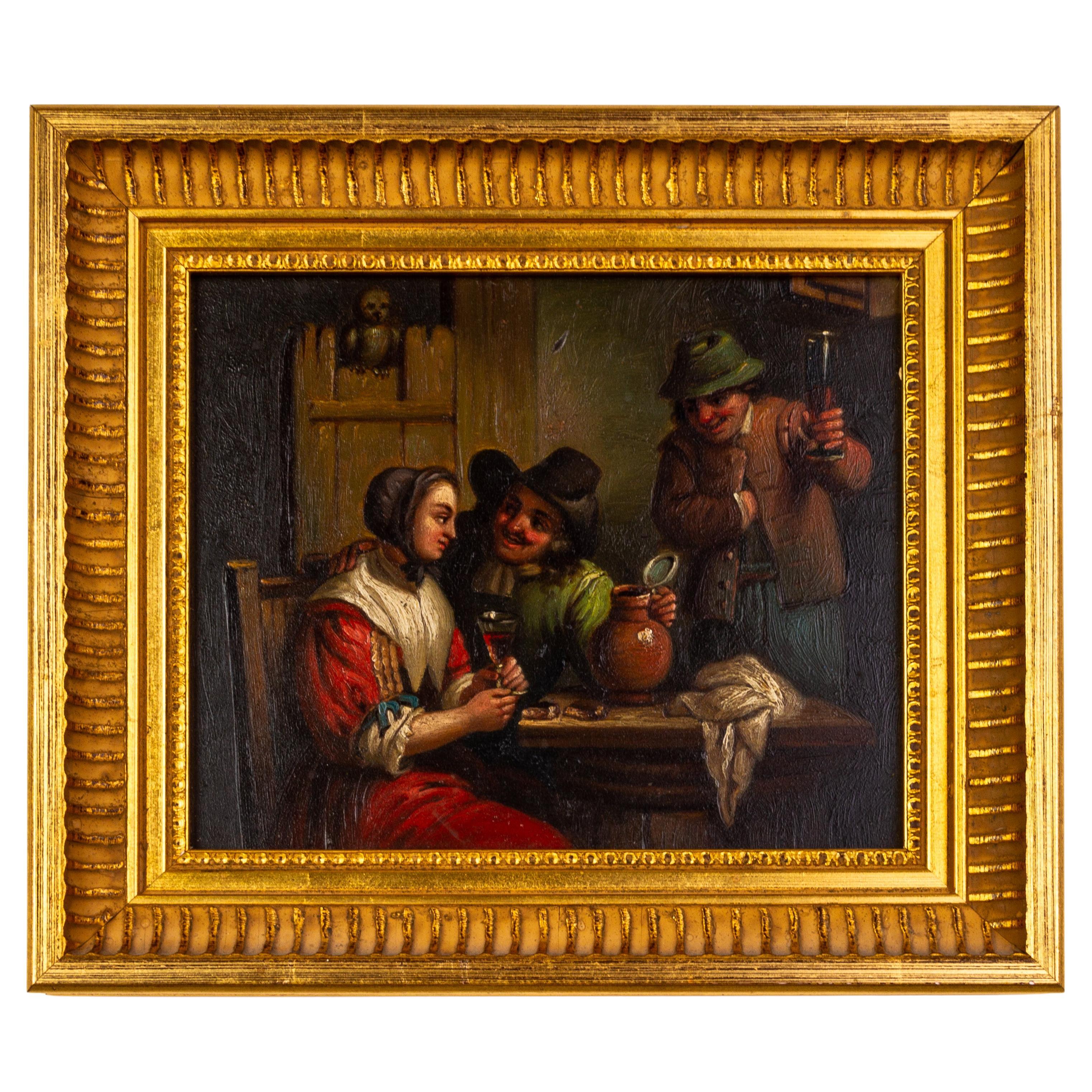 Dutch Tavern Scene After Teniers 19th Century Oil
