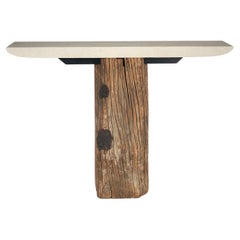 Vintage Dutch Teak Canal Post with Tapered Limestone Top