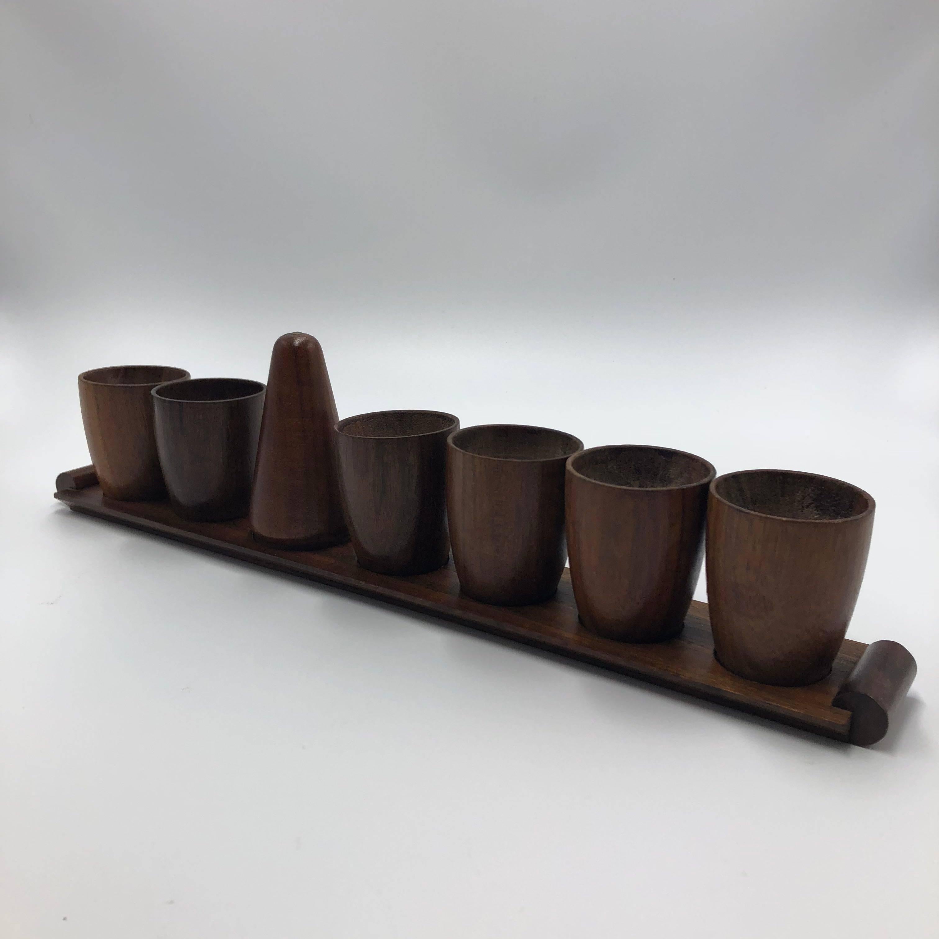 Carved Dutch Teak Egg Cups, Saltshaker, Spoon and Tray, 1960