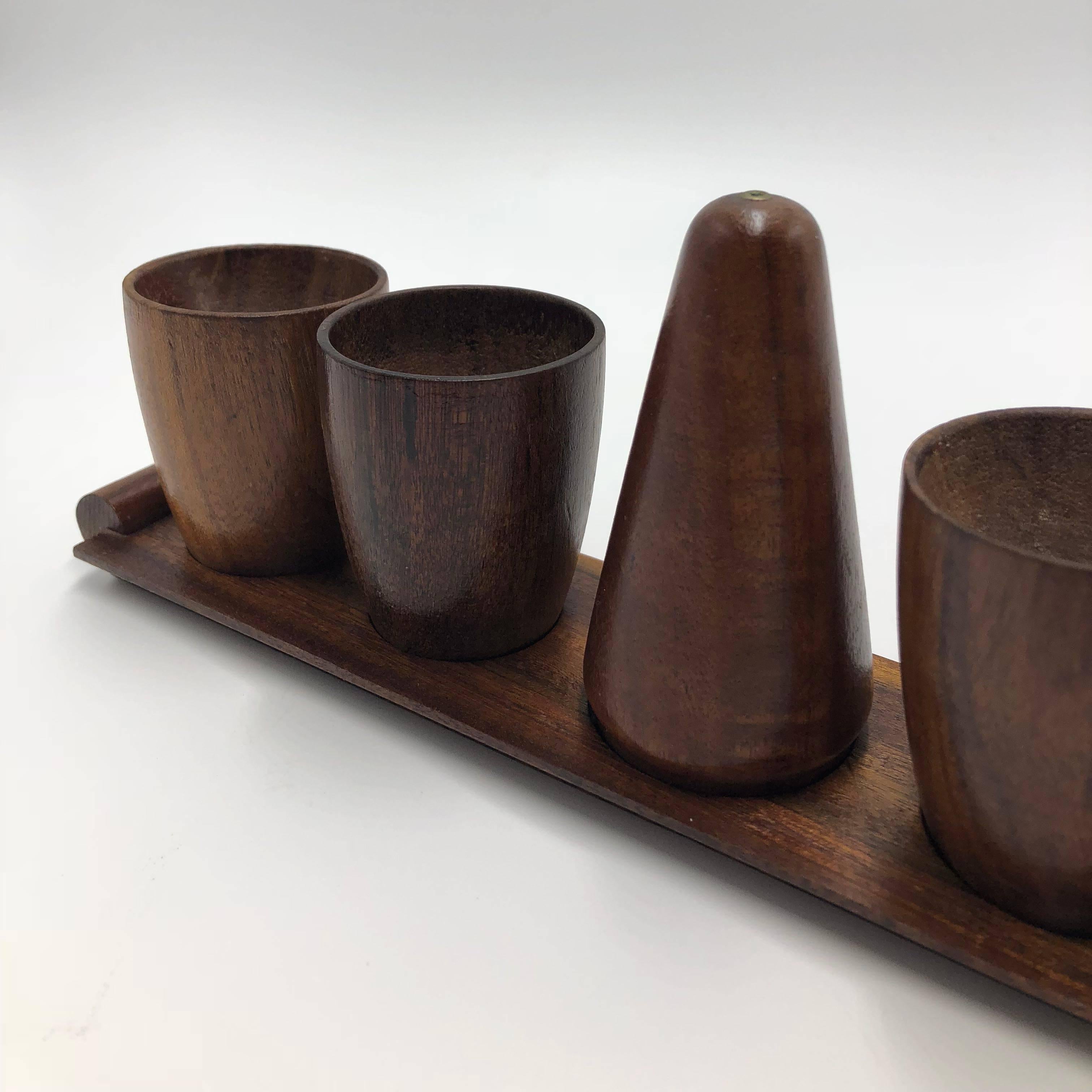 Dutch Teak Egg Cups, Saltshaker, Spoon and Tray, 1960 3