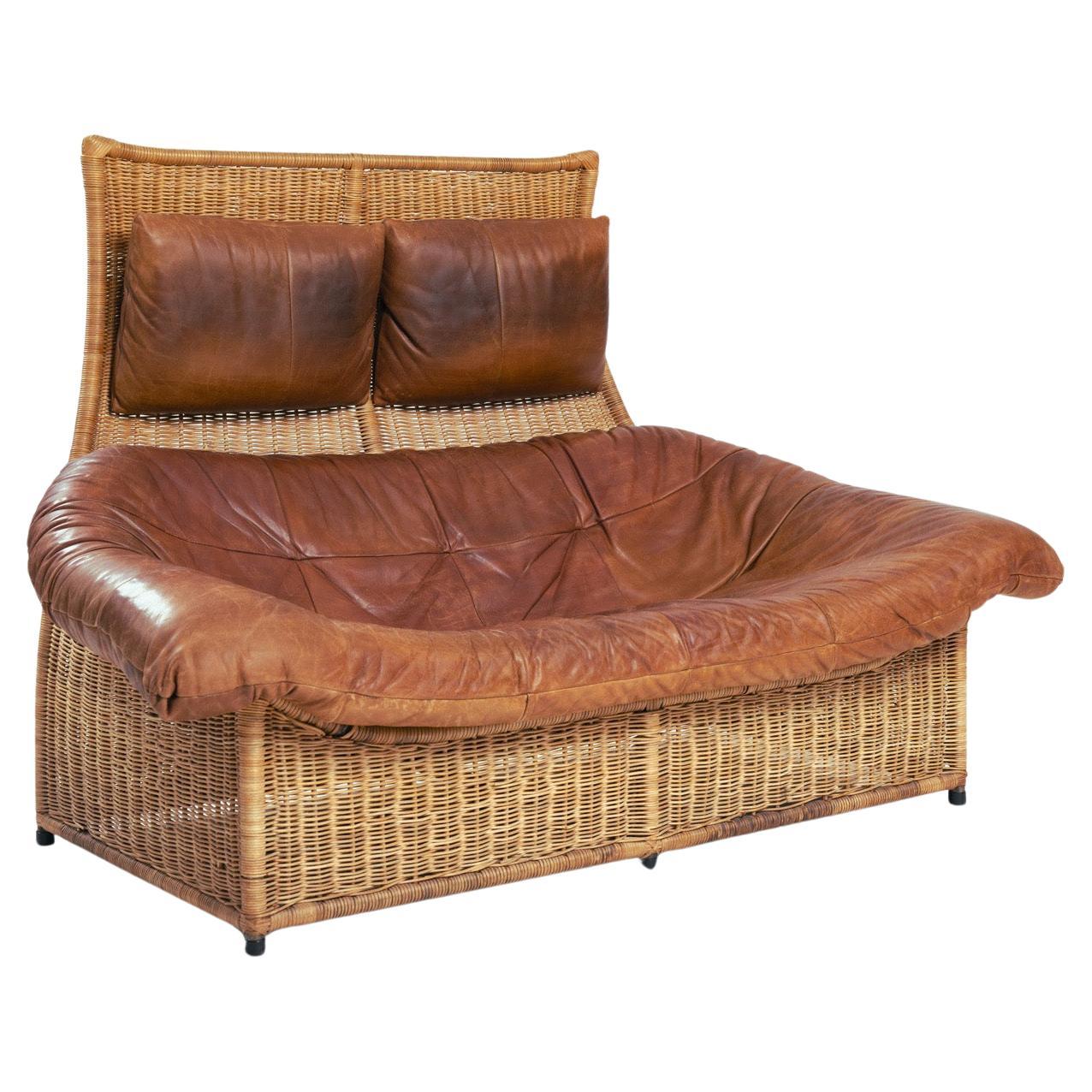 Dutch The Rock Gerard van den Berg midcentury modern rattan leather 2 seat sofa For Sale
