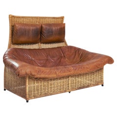 Vintage Dutch The Rock Gerard van den Berg midcentury modern rattan leather 2 seat sofa