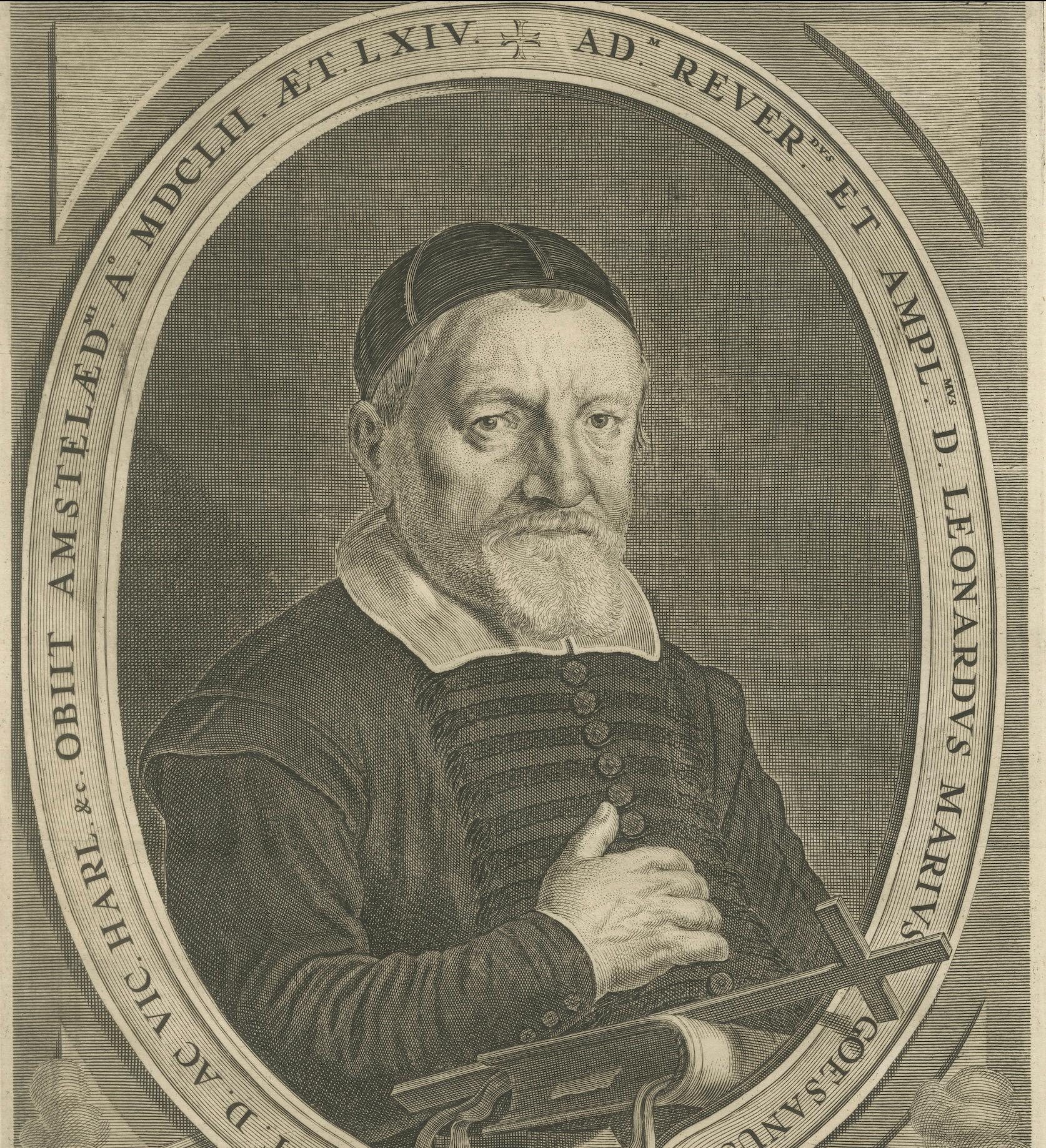 Papier Portrait de théologien néerlandais - Leonardus Marius par Adriaen Matham, vers 1651 en vente