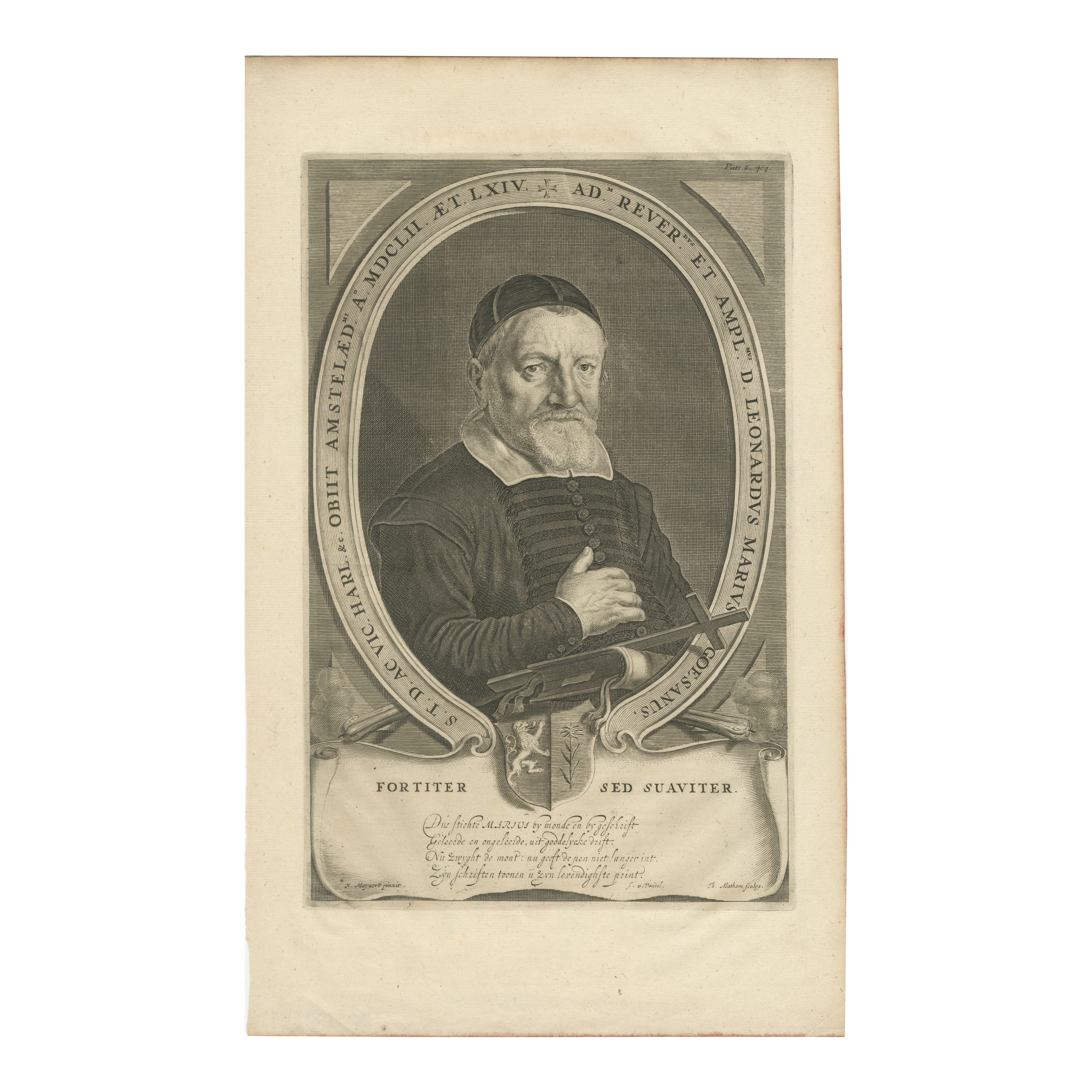 Portrait de théologien néerlandais - Leonardus Marius par Adriaen Matham, vers 1651 en vente