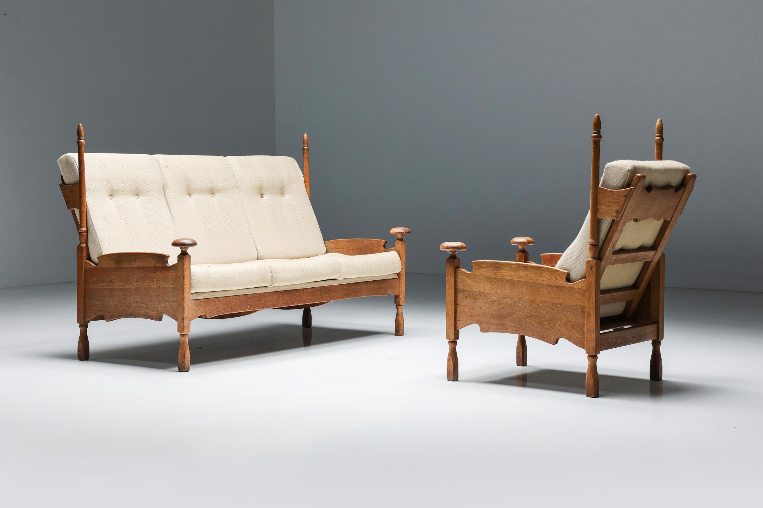 Dutch Throne Three Seater Sofa in Wood & Fabric, 1950s 6
