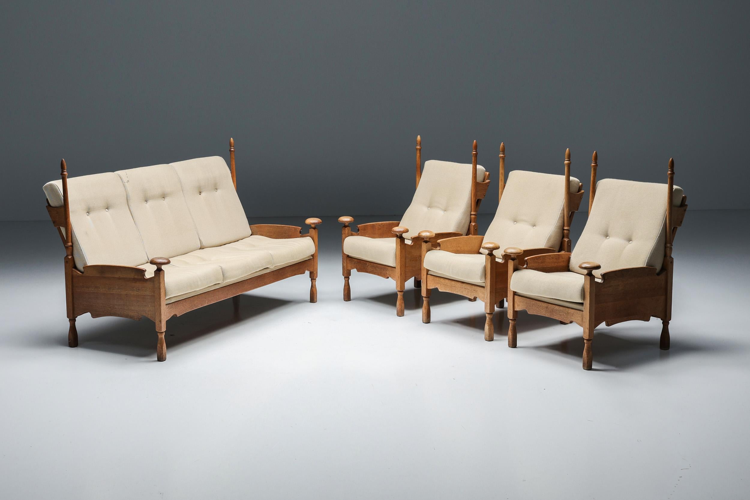 Dutch Throne Three Seater Sofa in Wood & Fabric, 1950s 7