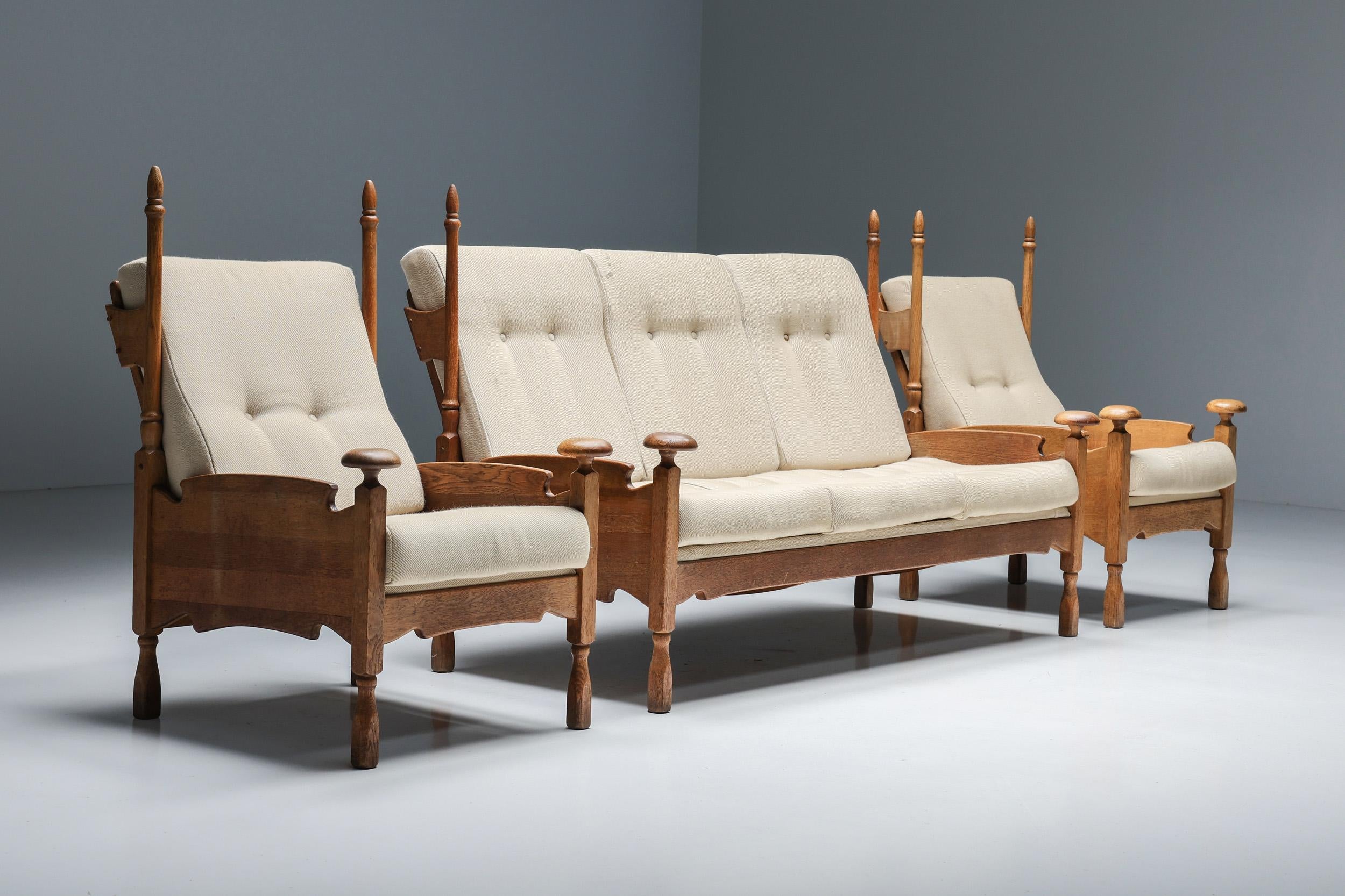 Dutch Throne Three Seater Sofa in Wood & Fabric, 1950s 9