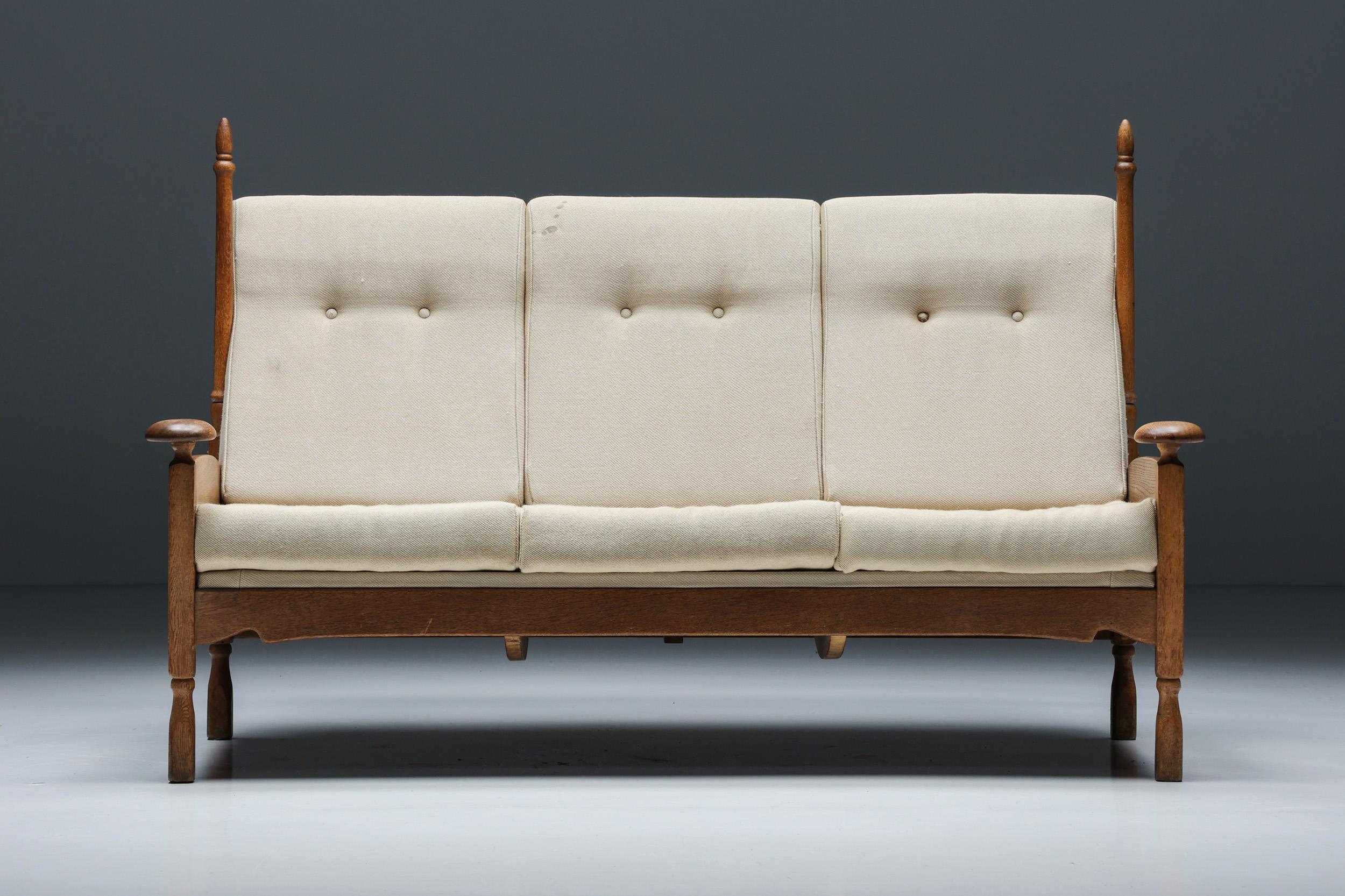 Dutch; Wood; Fabric; Throne Chair; Three-Seater Sofa; Mid-Century Modern; 1950s; Armchair; Lounge Sofa; Scandinavian Modern; Dutch Design; 

Mid-century modern throne three-seater sofa with a wooden frame and beige fabric cushions, made circa 1950s.