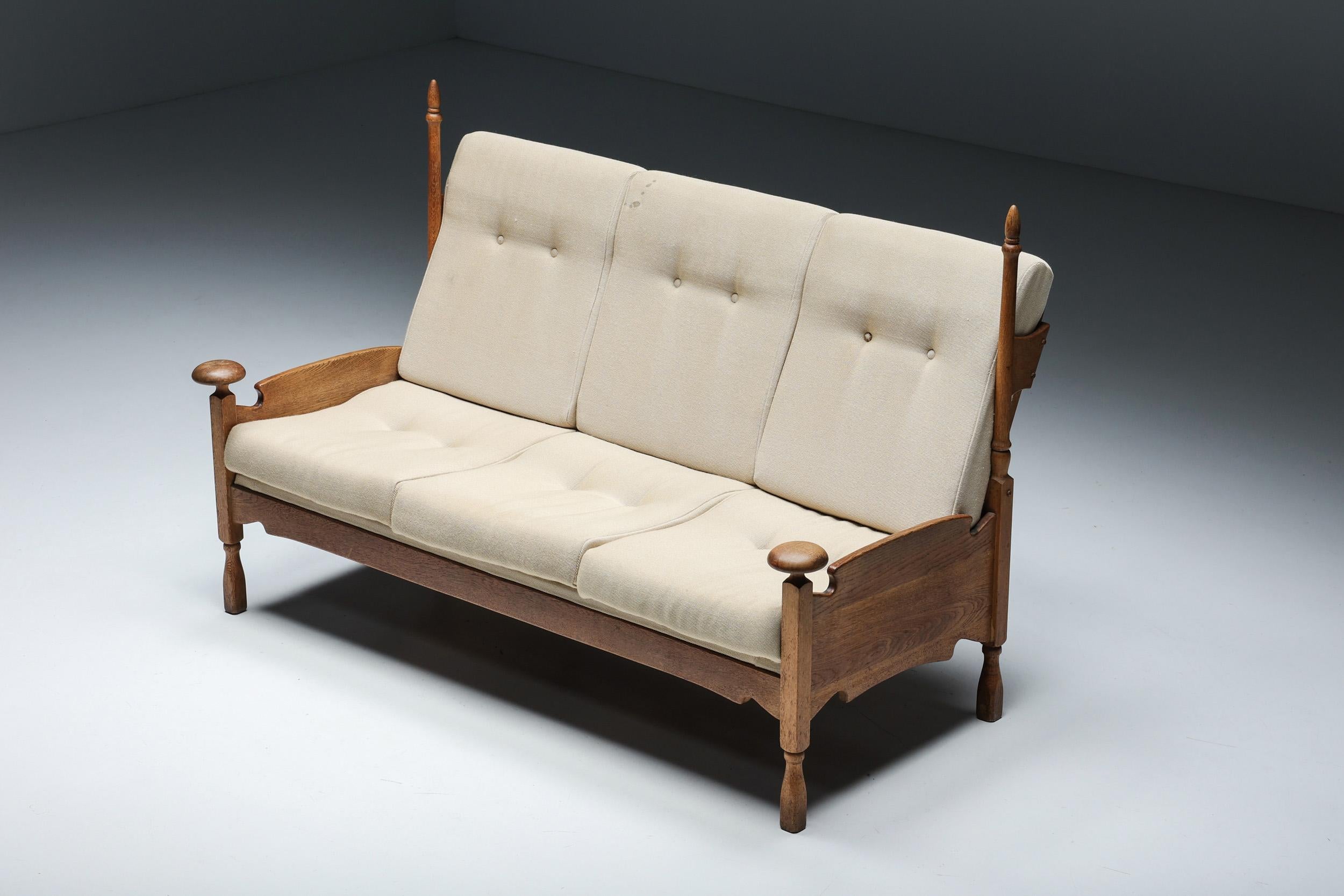 Dutch Throne Three Seater Sofa in Wood & Fabric, 1950s 1