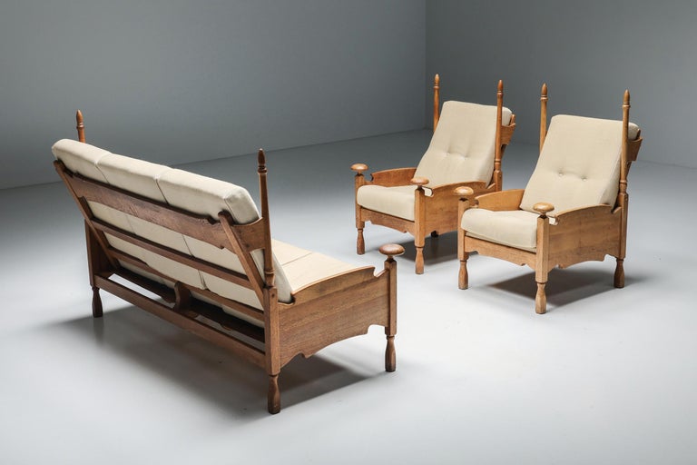 Dutch Throne Three Seater Sofa in Wood & Fabric, circa 1950s For Sale 8