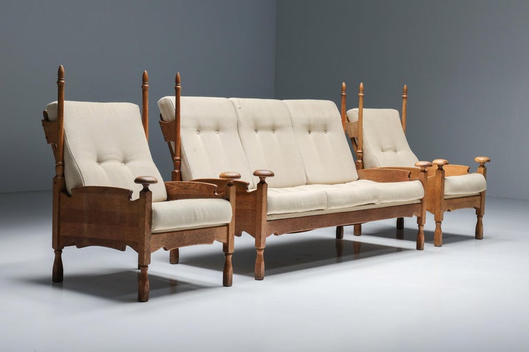 Dutch Throne Three Seater Sofa in Wood & Fabric, circa 1950s For Sale 9