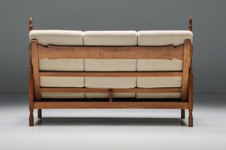 Mid-Century Modern Dutch Throne Three Seater Sofa in Wood & Fabric, circa 1950s For Sale