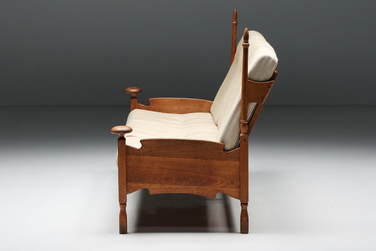 Mid-20th Century Dutch Throne Three Seater Sofa in Wood & Fabric, circa 1950s For Sale