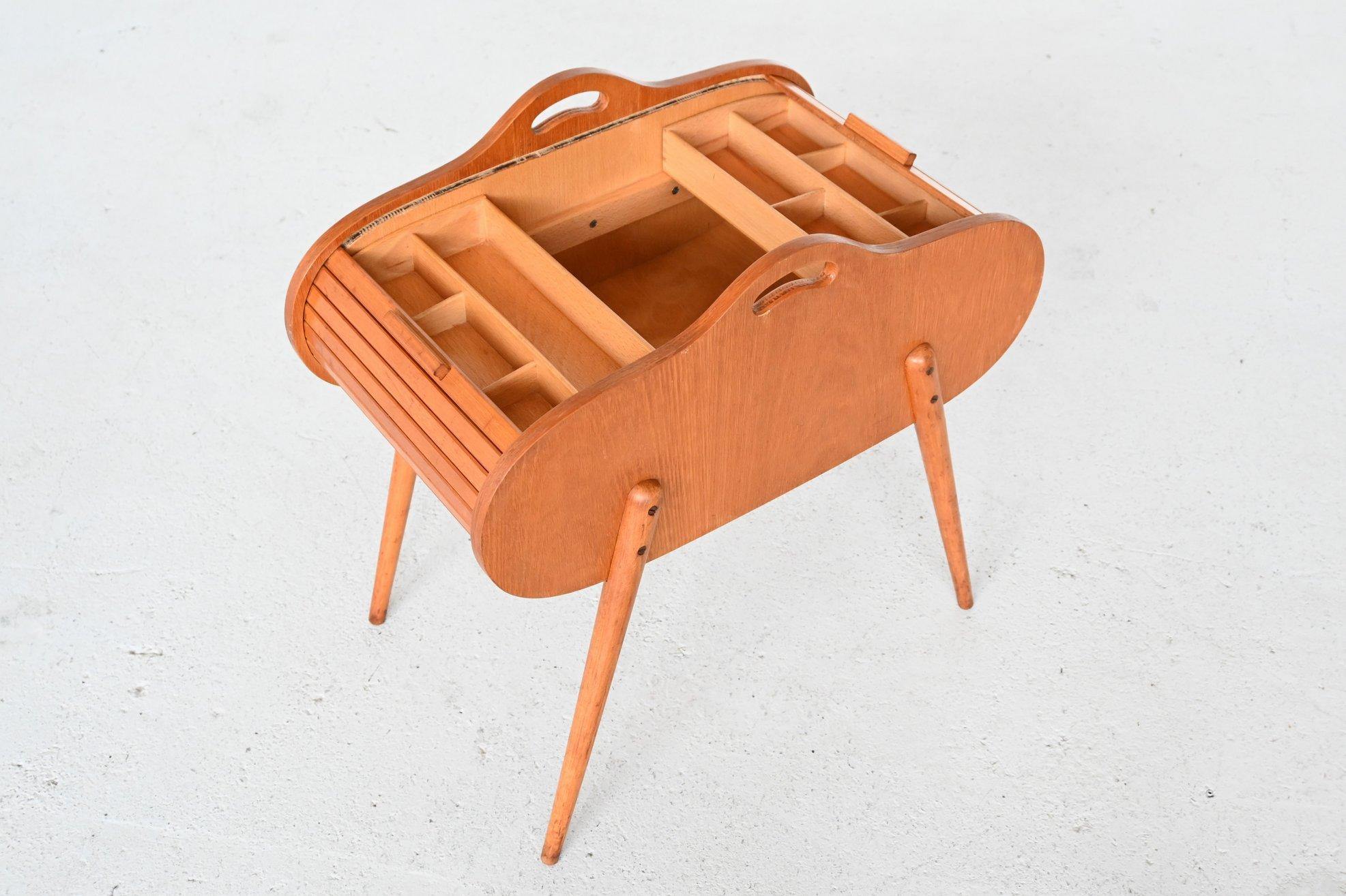 Mid-Century Modern Dutch Top Roll Tambour Sewing Box Beech, the Netherlands, 1950