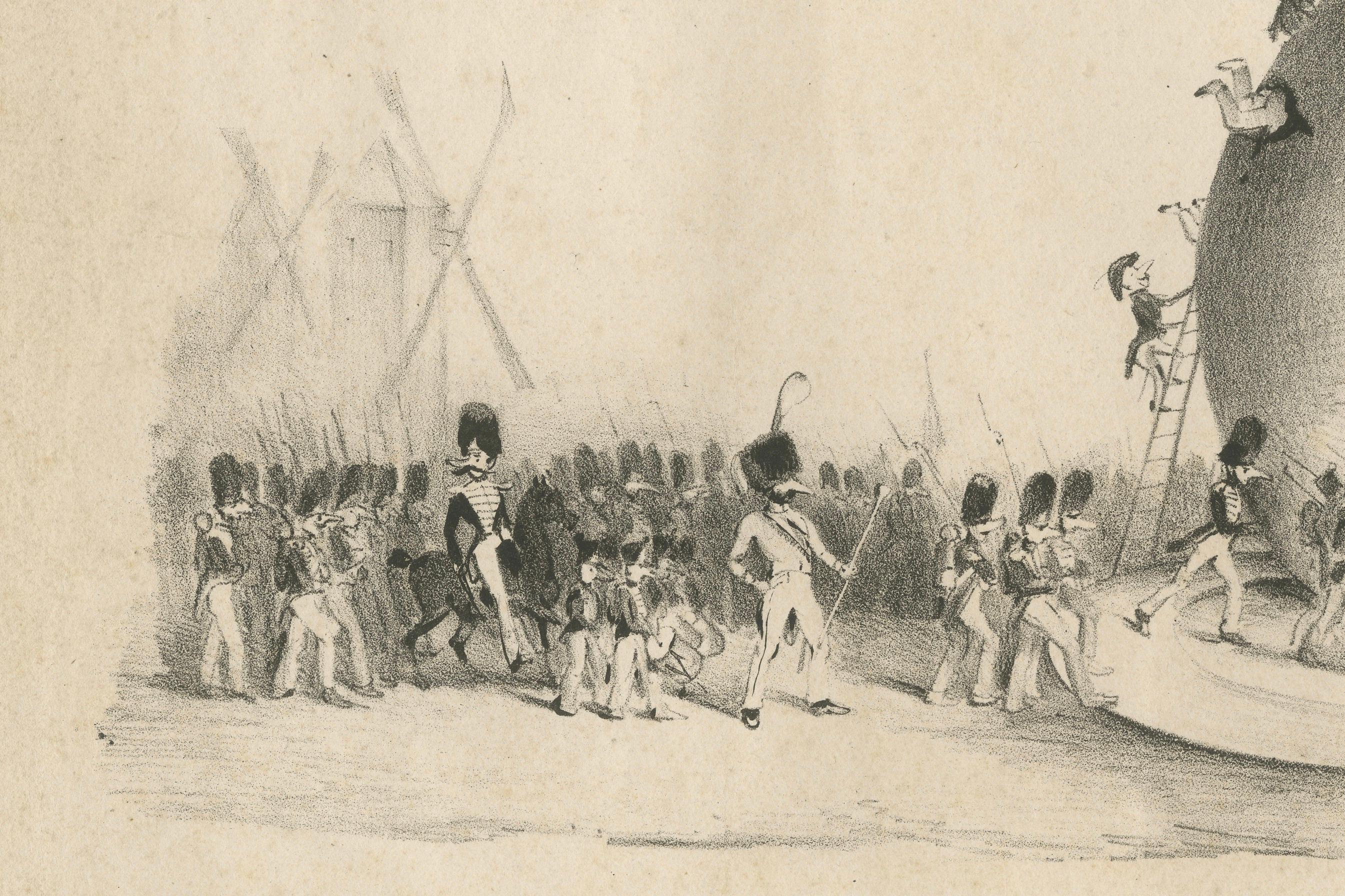 Title: Dutch Troops Winter Quarters in a Cheese, Belgium 1830 Satirical Cartoon

Description: This satirical lithograph, titled 