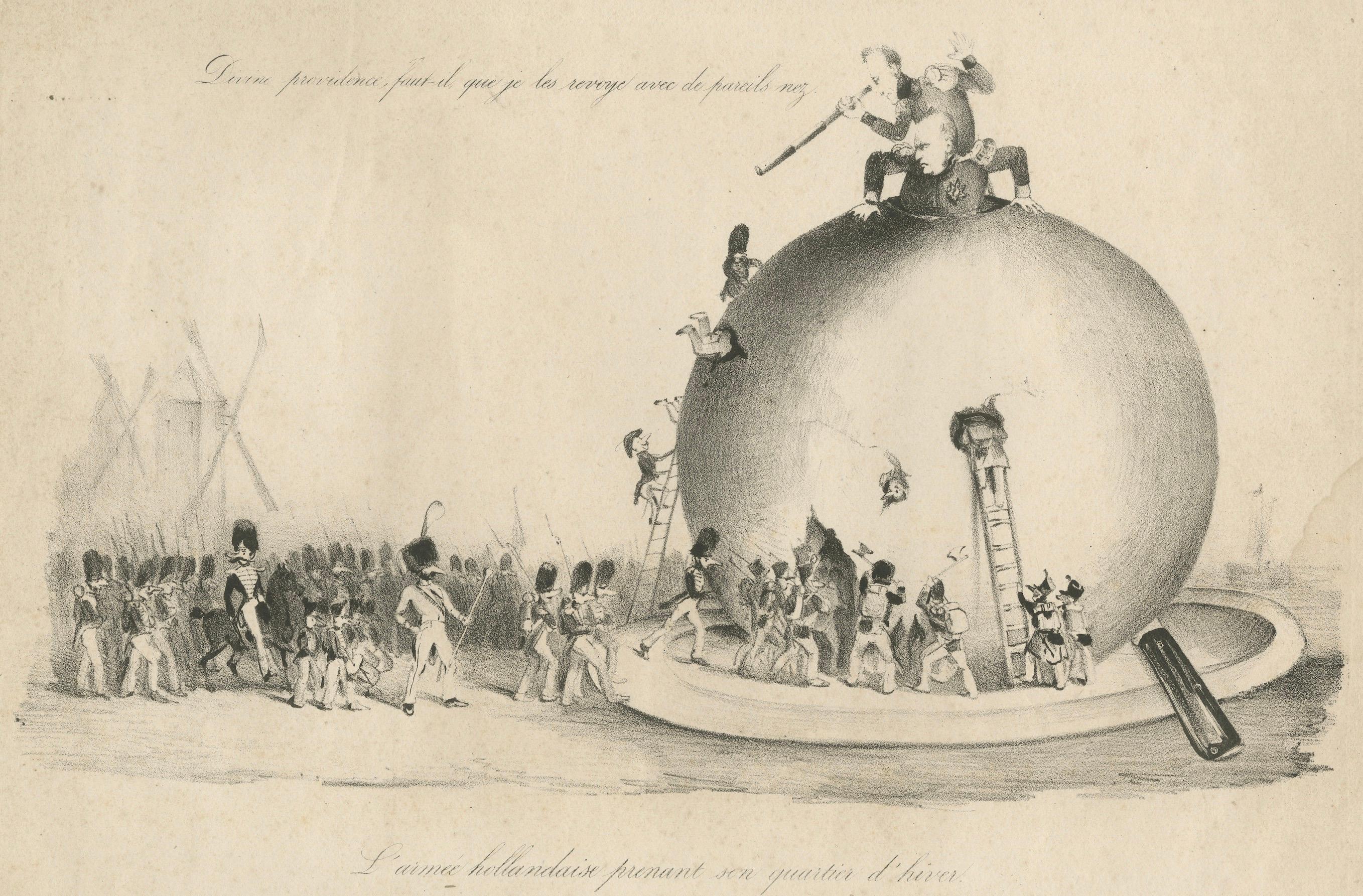 Mid-19th Century Dutch Troops Winter Quarters in a Cheese, Rare Belgium 1830 Satirical Cartoon For Sale