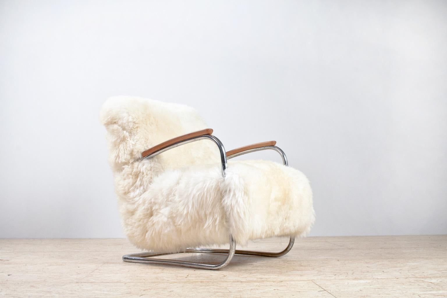 Dutch Vintage lounge chair by De Cirkel in White Sheepskin, 1930s Bauhaus inspired