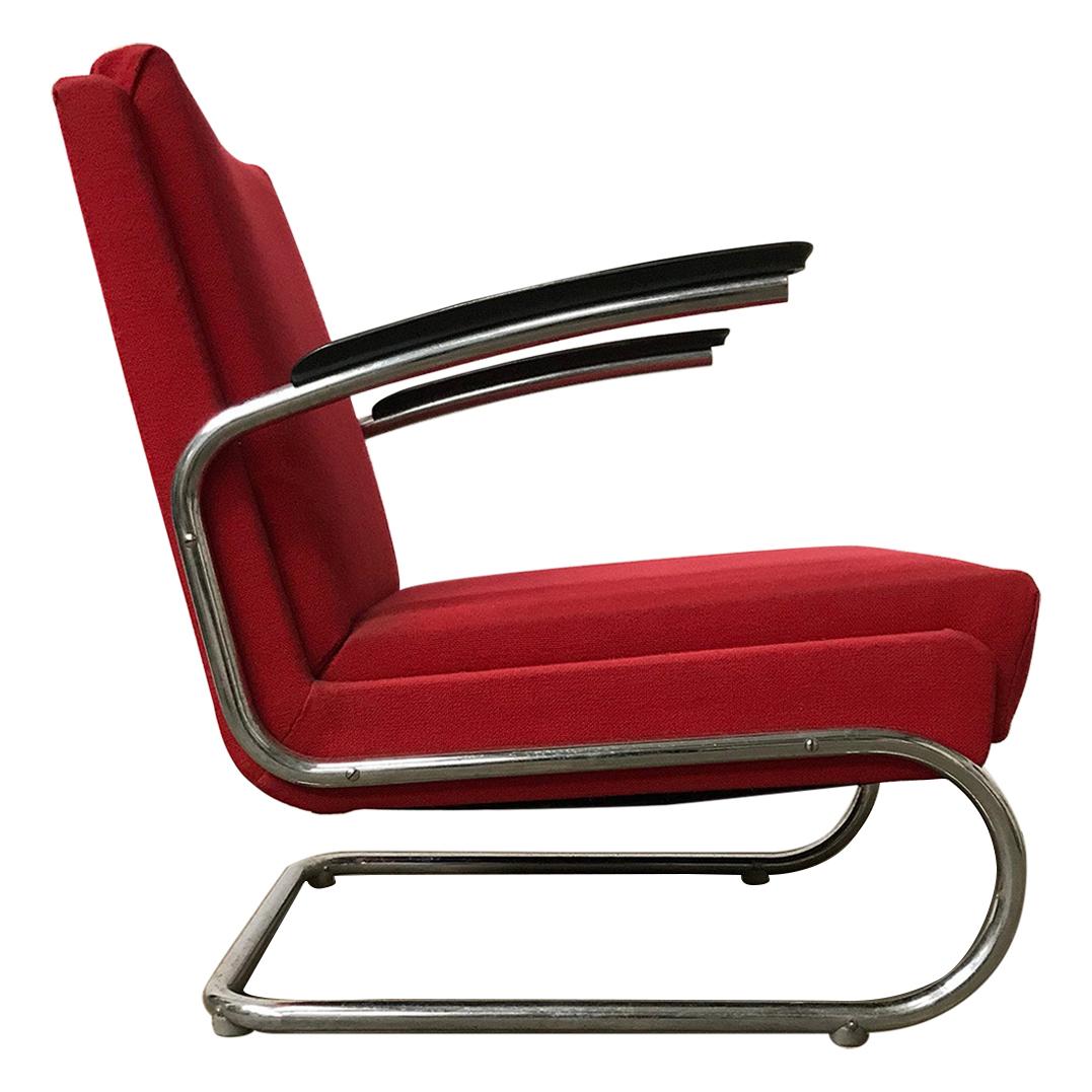 Dutch Tubular Easy Chair in Burgundy Red and Black Armrests, circa 1930