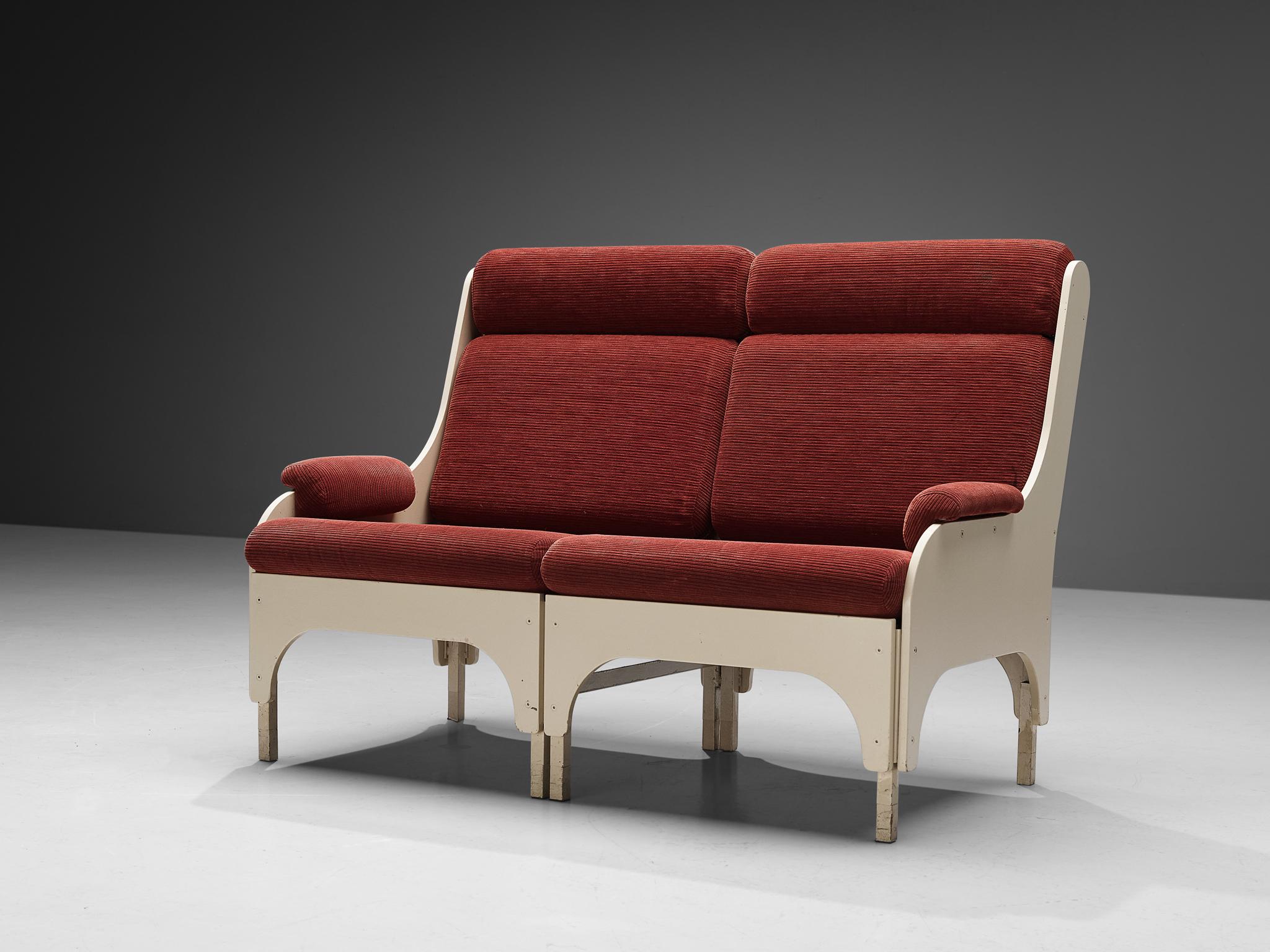 Two seat sofa, lacquered wood, fabric, The Netherlands, 1980s 

This sofa is characterized by a solid construction, featuring clear lines and striking curved shapes. Notice the architecturally built base that is composed of wide arches, which