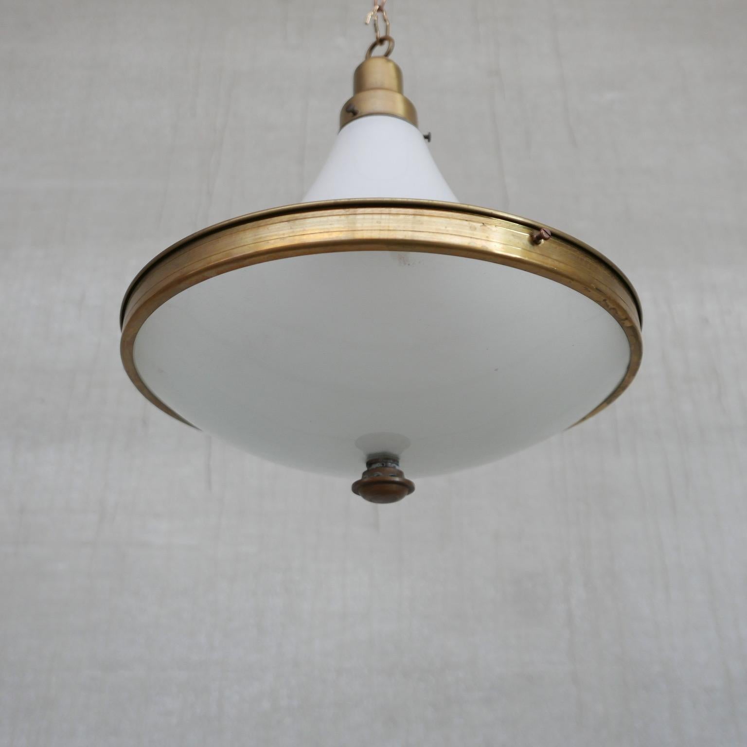 Mid-20th Century Dutch Two Tone Opaline and Brass Pendant Light For Sale