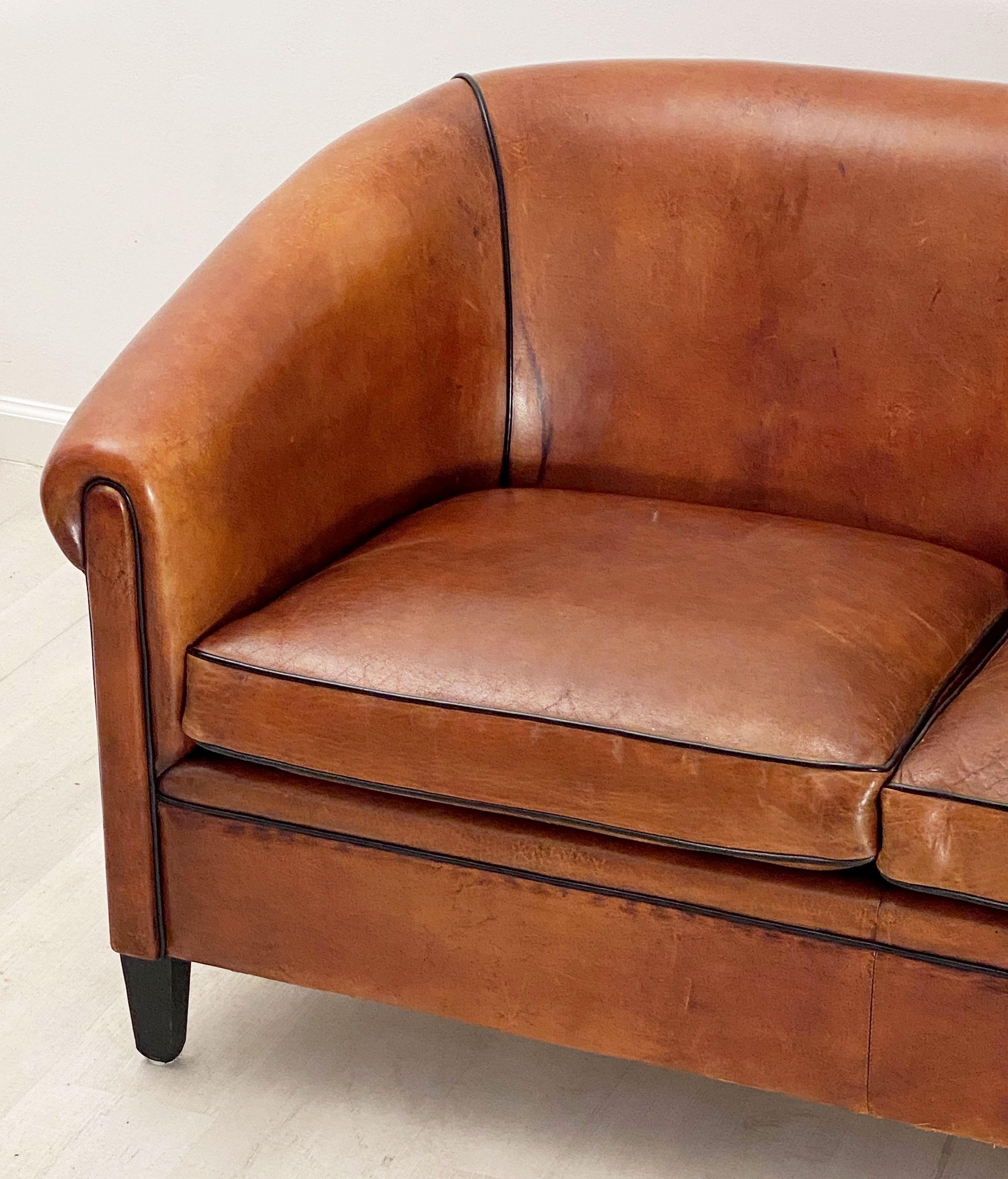 Dutch Upholstered Leather Sofa or Settee in the Art Deco Style In Good Condition In Austin, TX