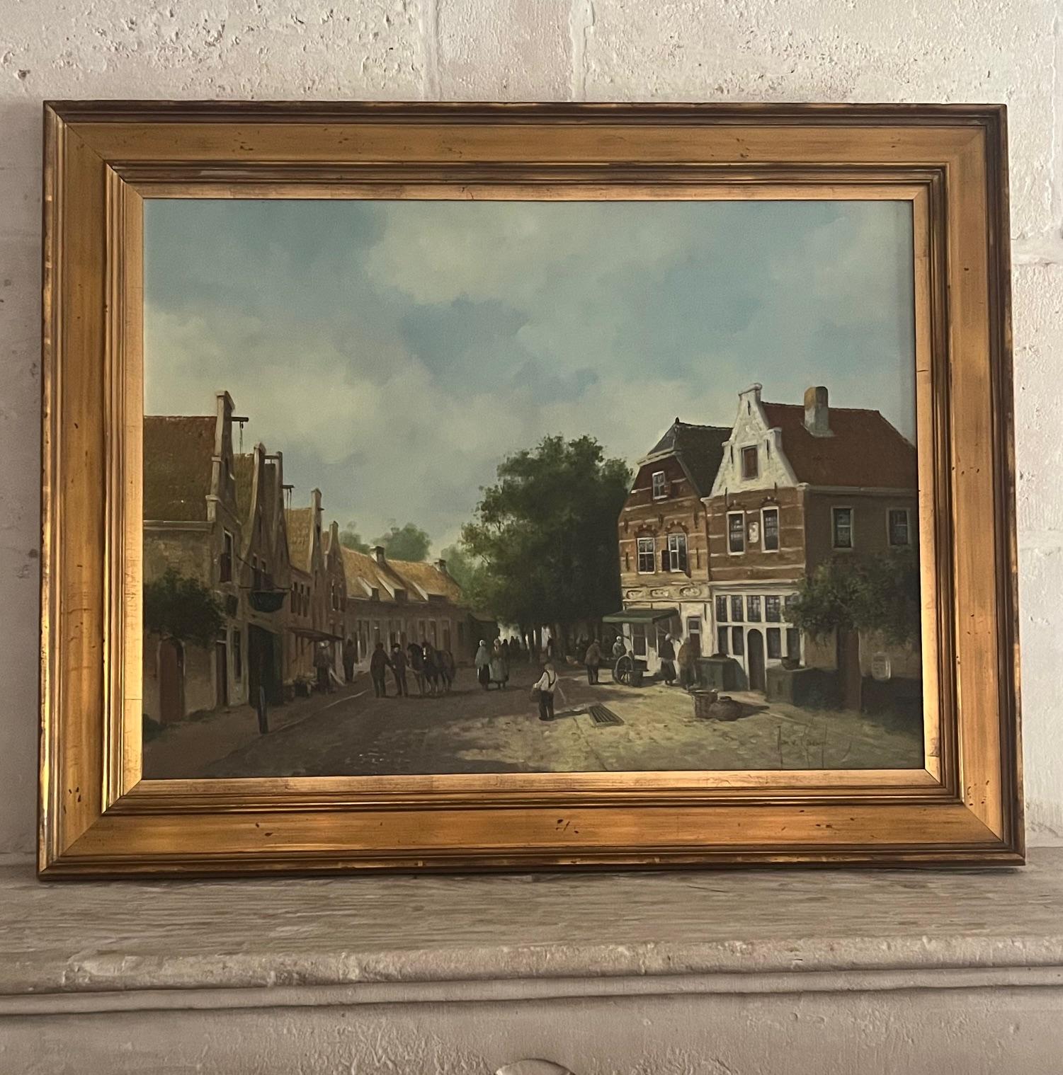 Oil painting on canvas painted by Jan van Rijsewijk (Dutch, 1928-1987). The painting is a Dutch village street and signed by Rijsewijk lower right.

Nicely framed in gold painted wooden frame.

Canvas measures 23.5