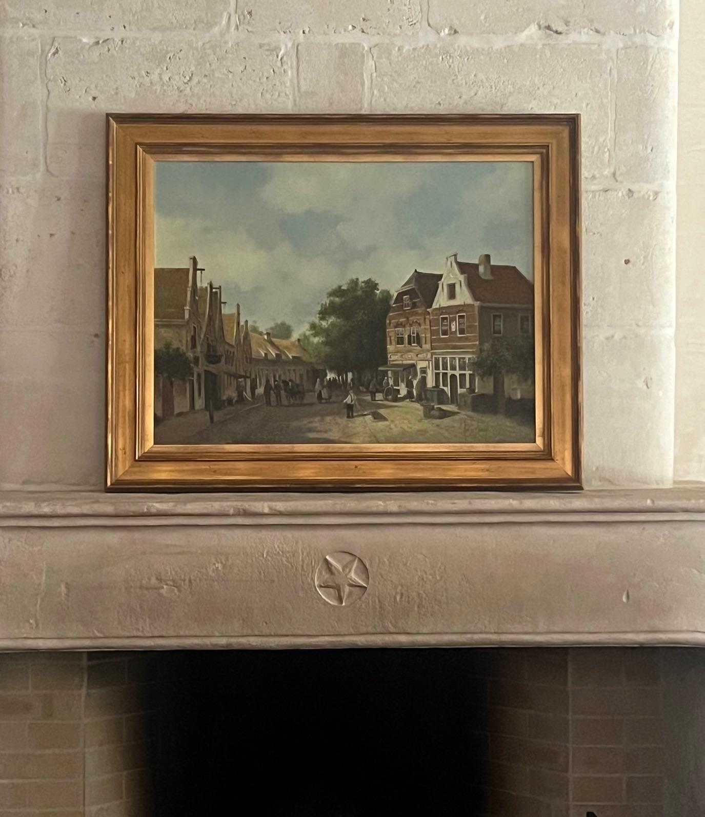 Hand-Painted Dutch Village Street Scene by Jan van Rijsewijk For Sale