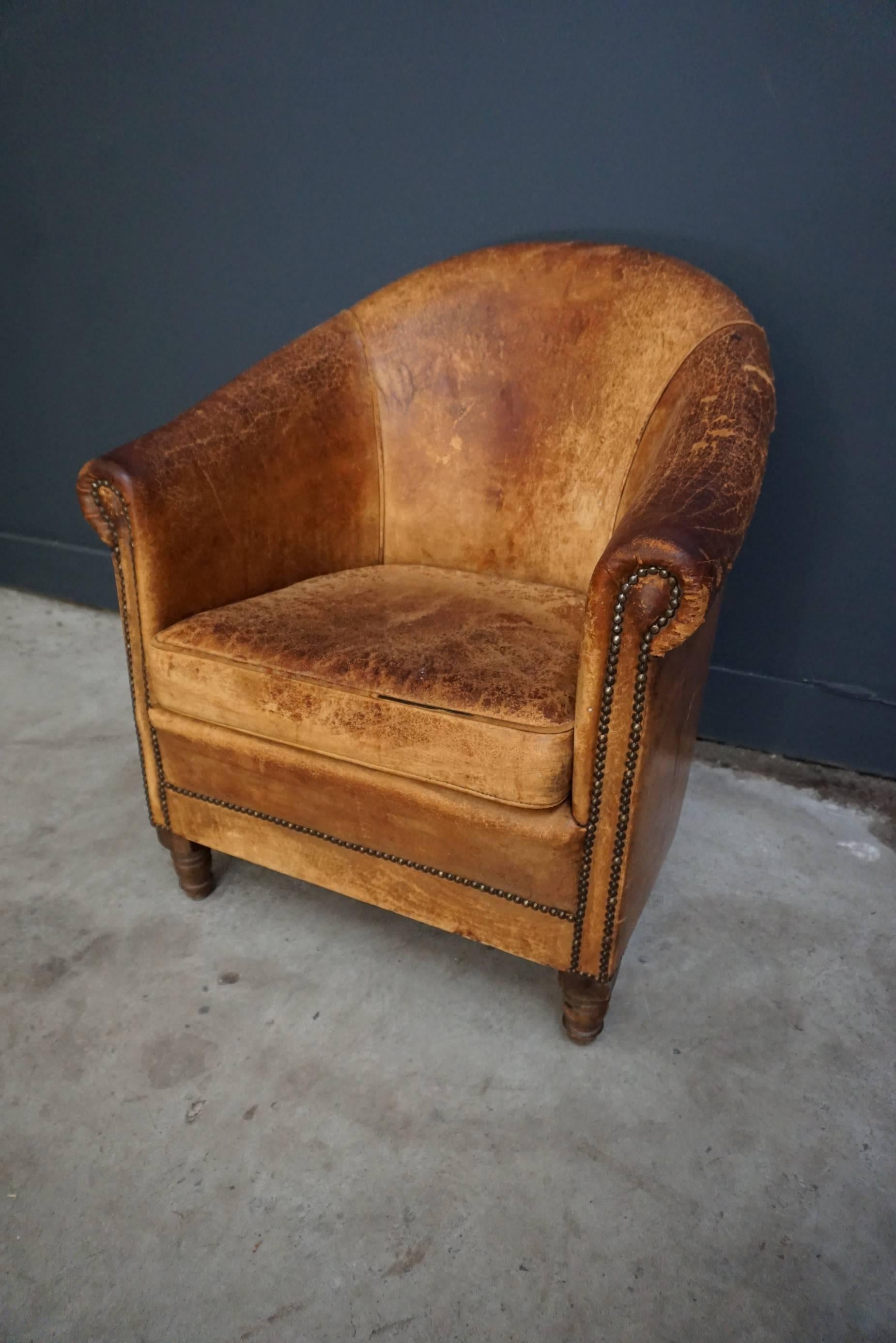 Dutch Vintage Cognac-farbiger Leder-Clubsessel im Zustand „Gut“ in Nijmegen, NL