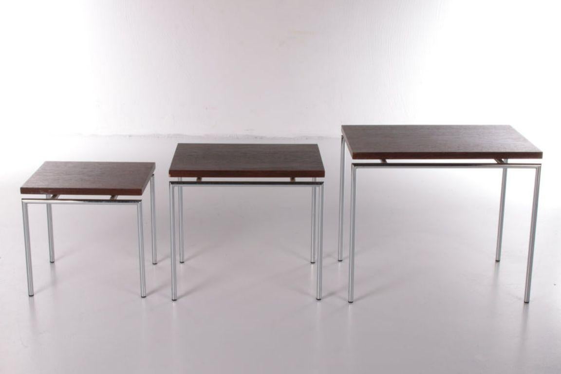 Vintage Set of Side Tables with Chrome Legs, 1960s

This is a nice set of 3 side tables made of wood 

The color is the color of wenge wood, a beautiful dark color with slender legs.

These tables are very useful if you sometimes need a little more