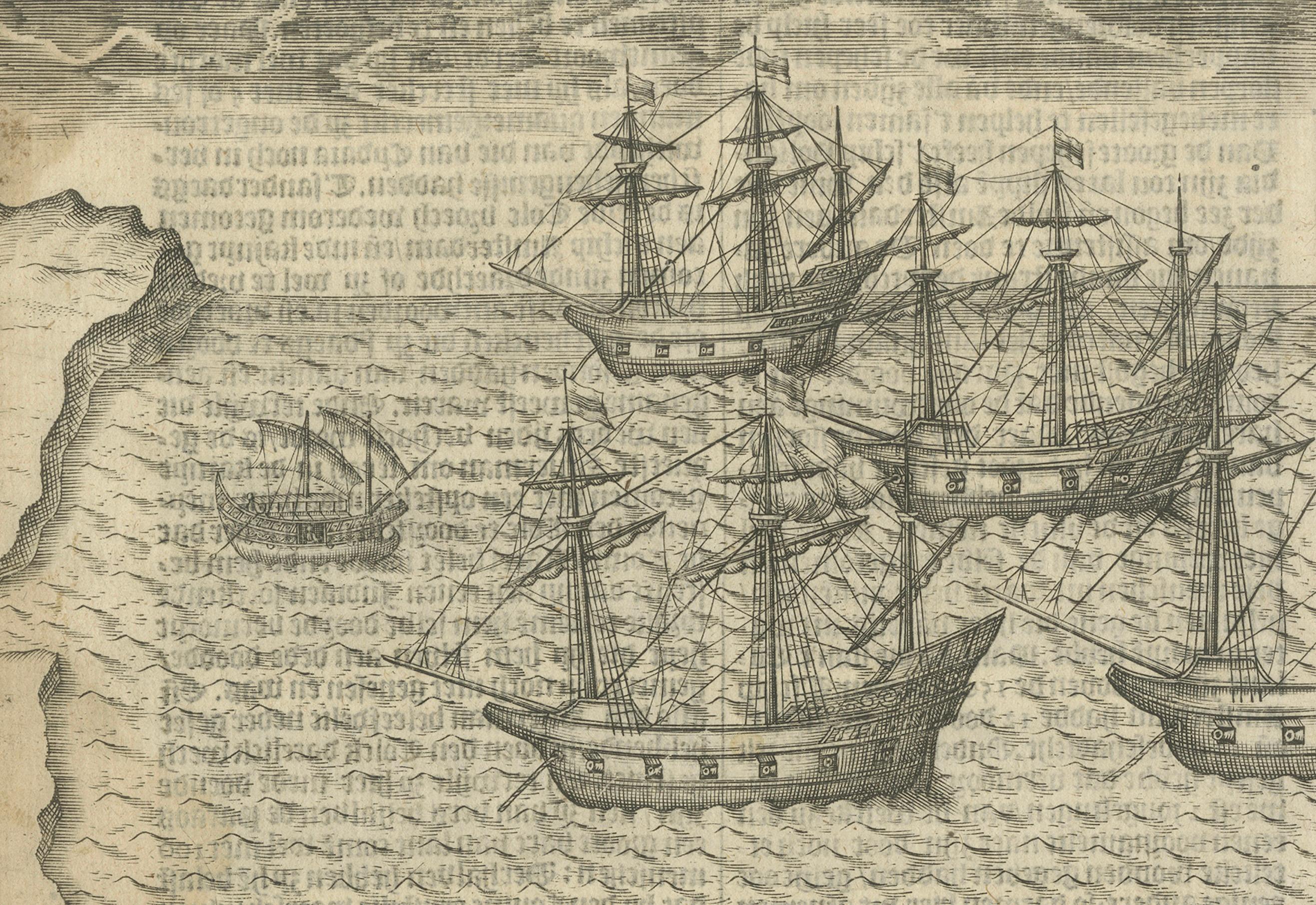 Viajes holandeses a Madagascar - Escena de la primera exploración, Pontanus 1611 Grabado en venta