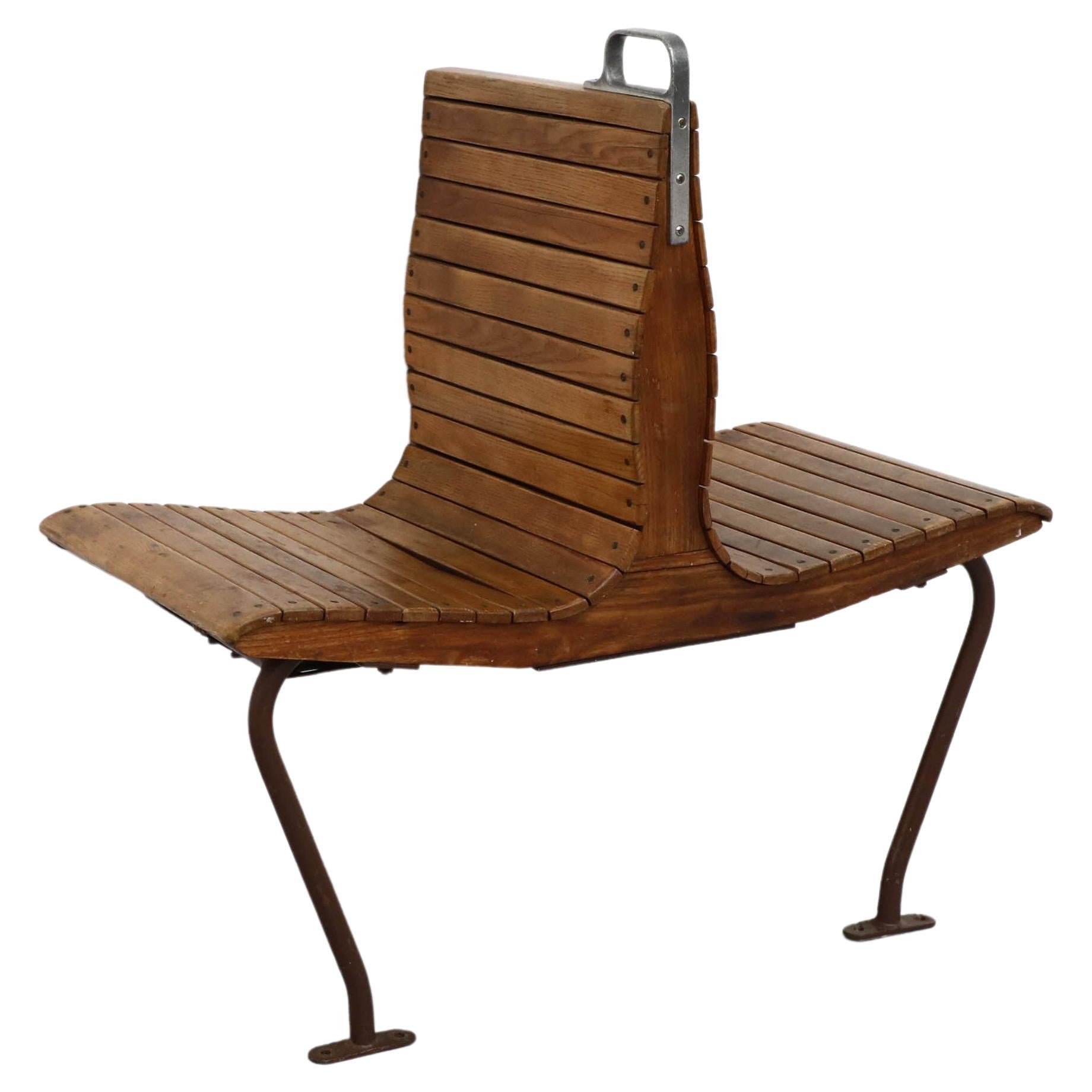 Dutch Wall Mount Oak and Steel Train Car Bench for Two People Back to Back