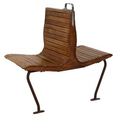 Dutch Wall Mount Oak and Steel Train Car Bench for Two People Back to Back