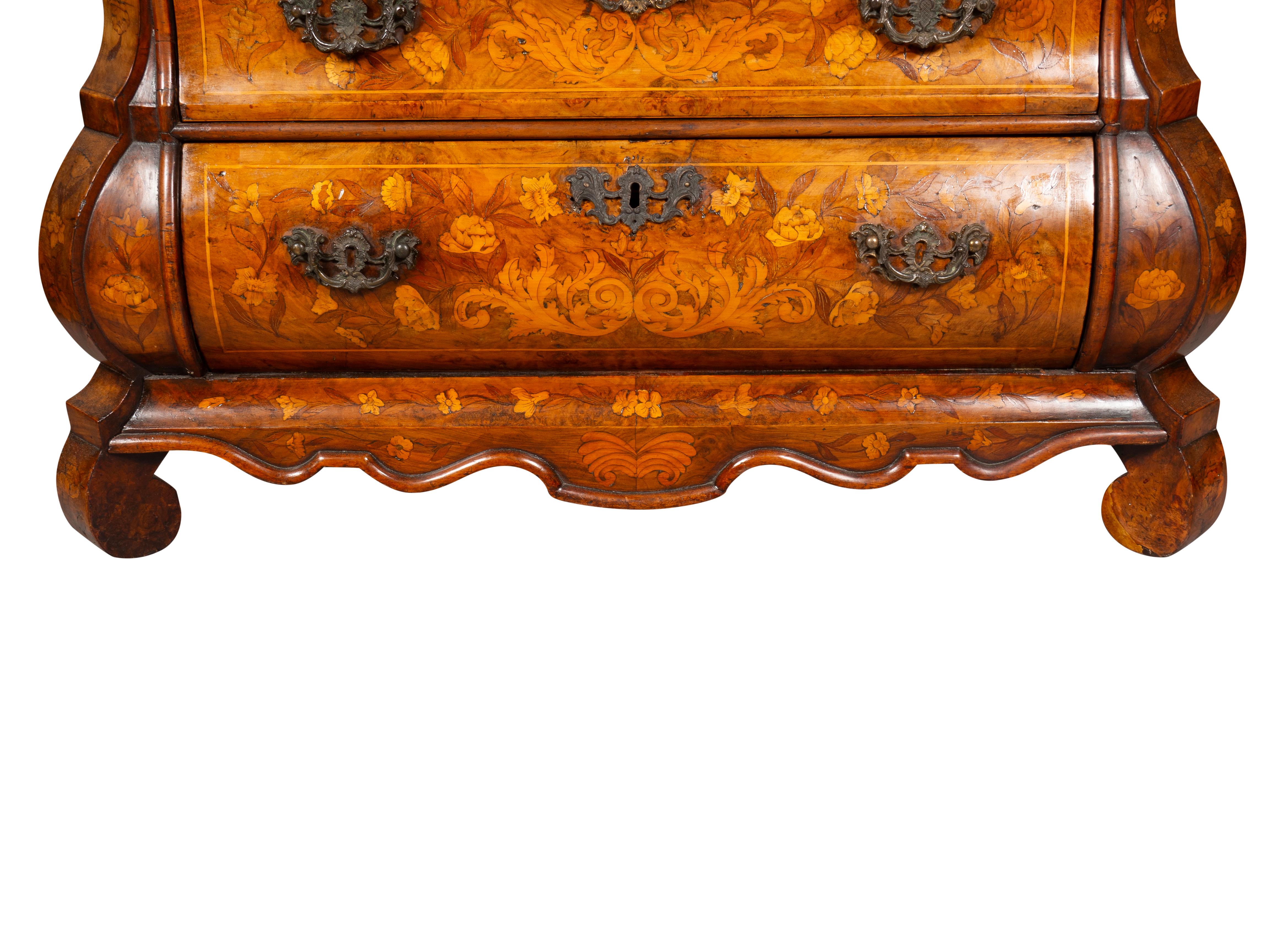 Dutch Walnut and Marquetry Bombe Chest Of Drawers 5