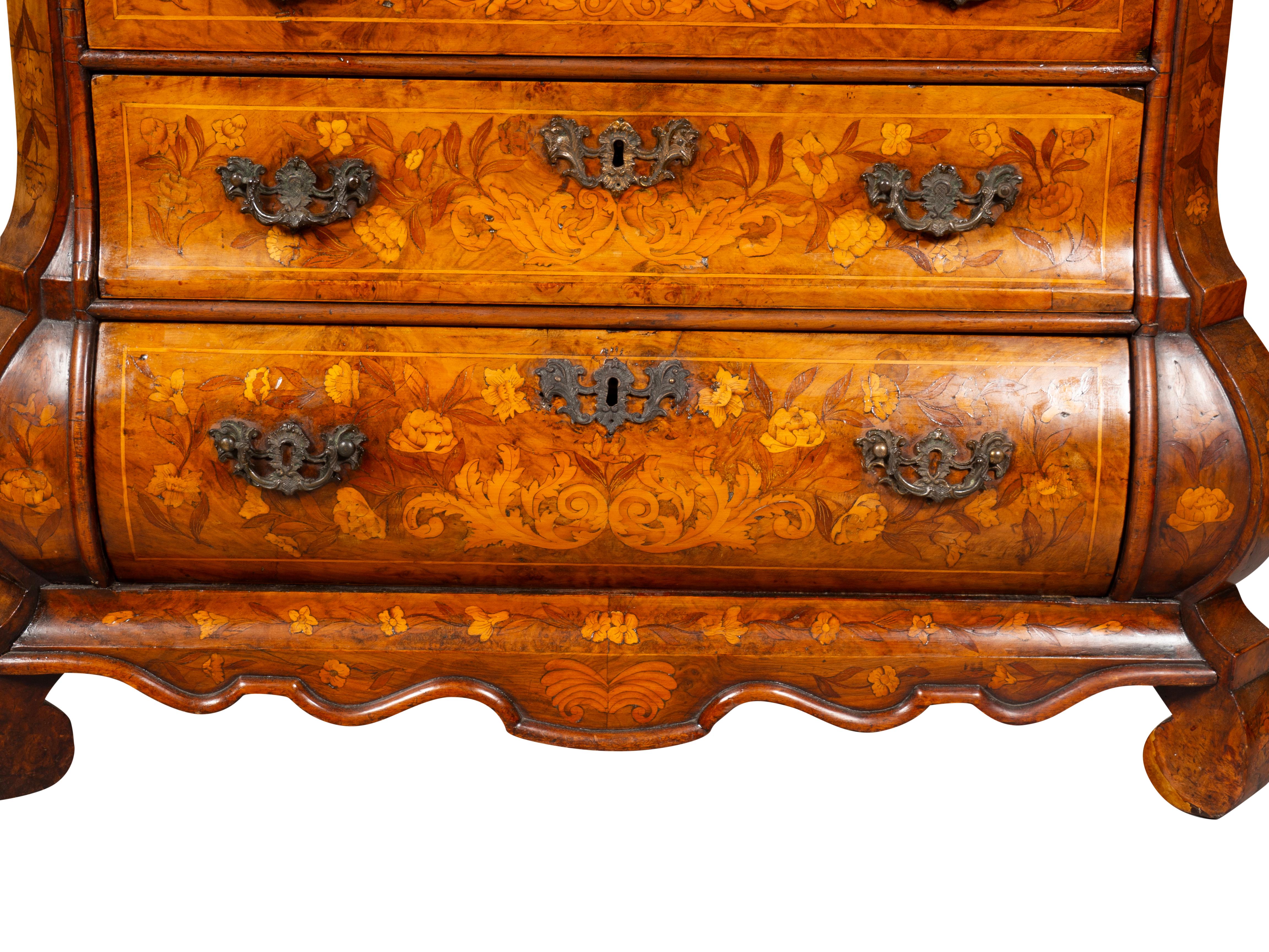 Dutch Walnut and Marquetry Bombe Chest Of Drawers 6