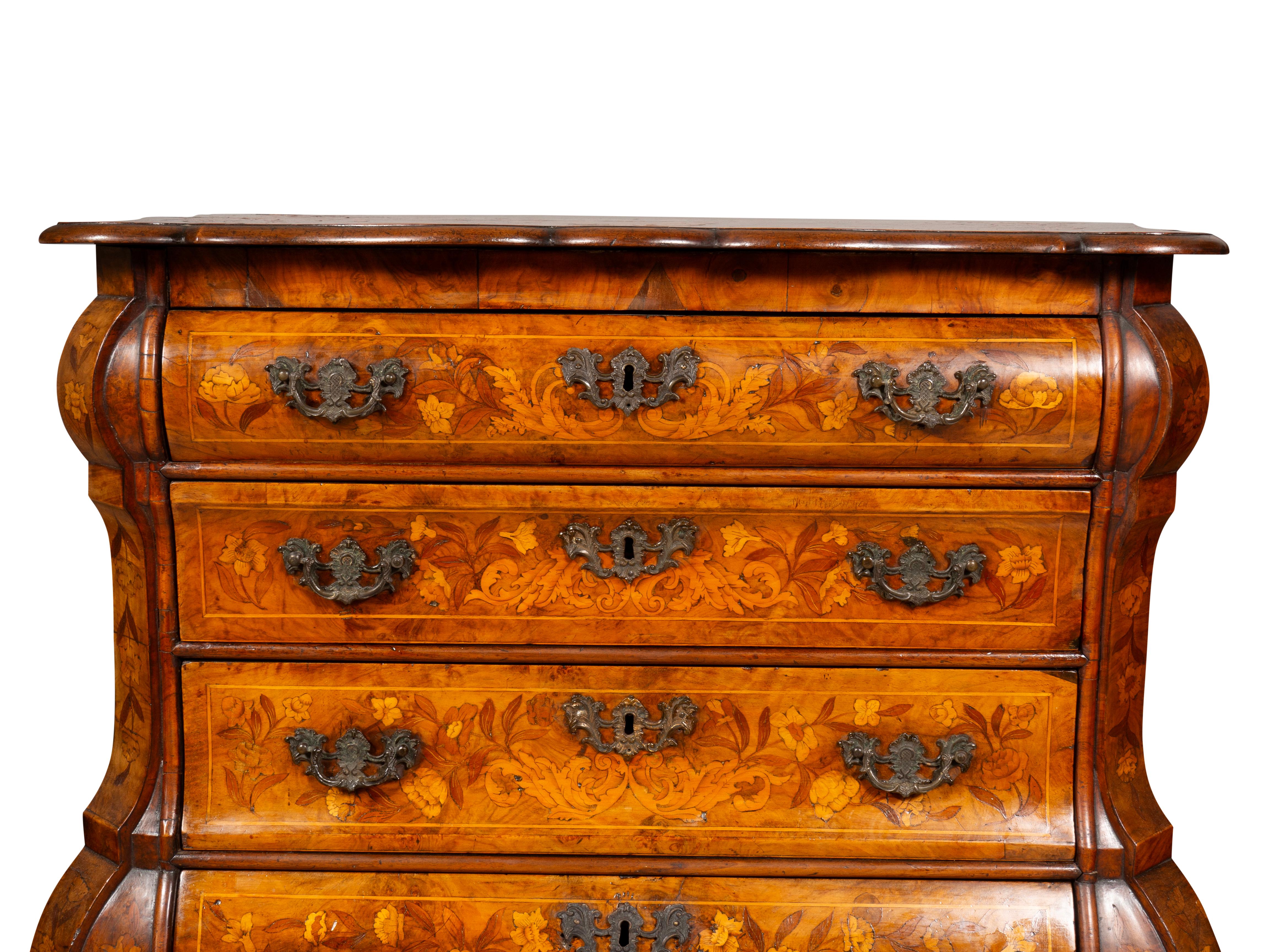 Dutch Walnut and Marquetry Bombe Chest Of Drawers 7