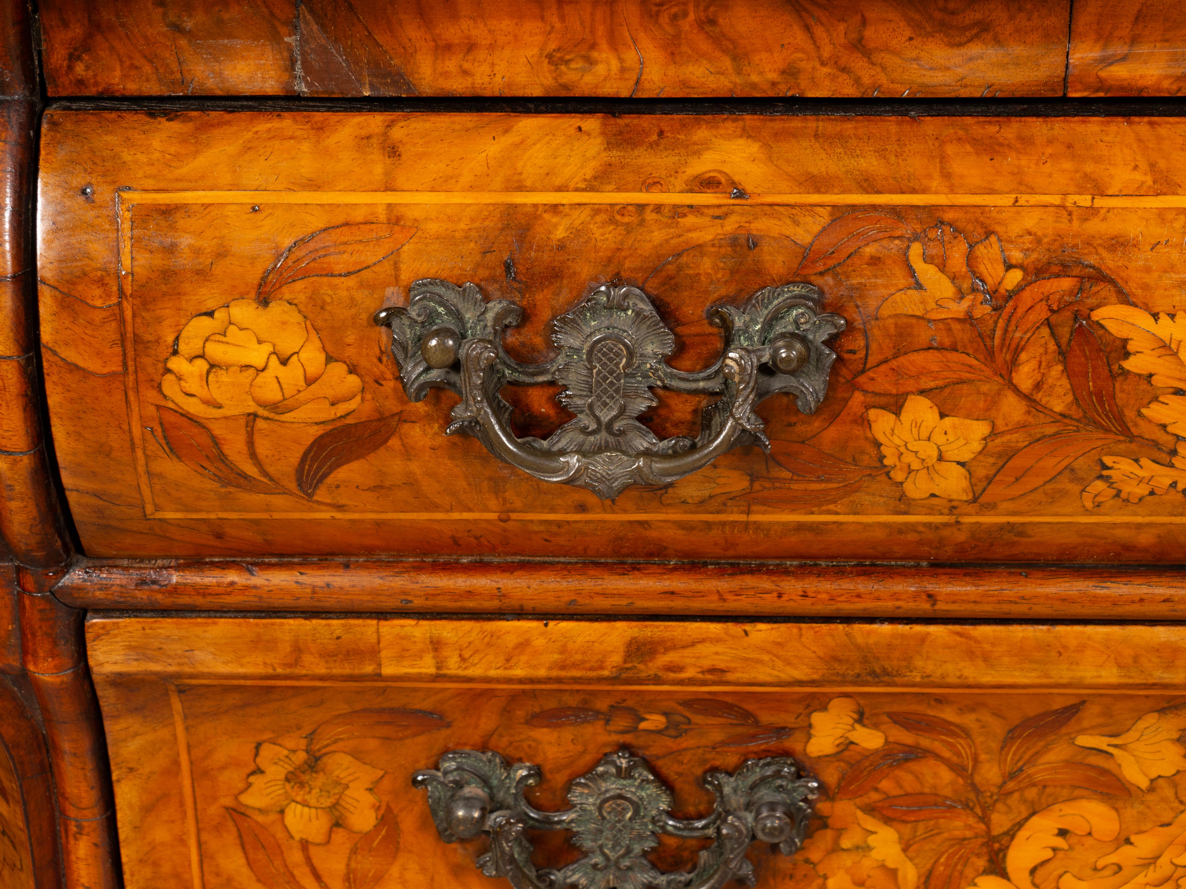 Dutch Walnut and Marquetry Bombe Chest Of Drawers 9