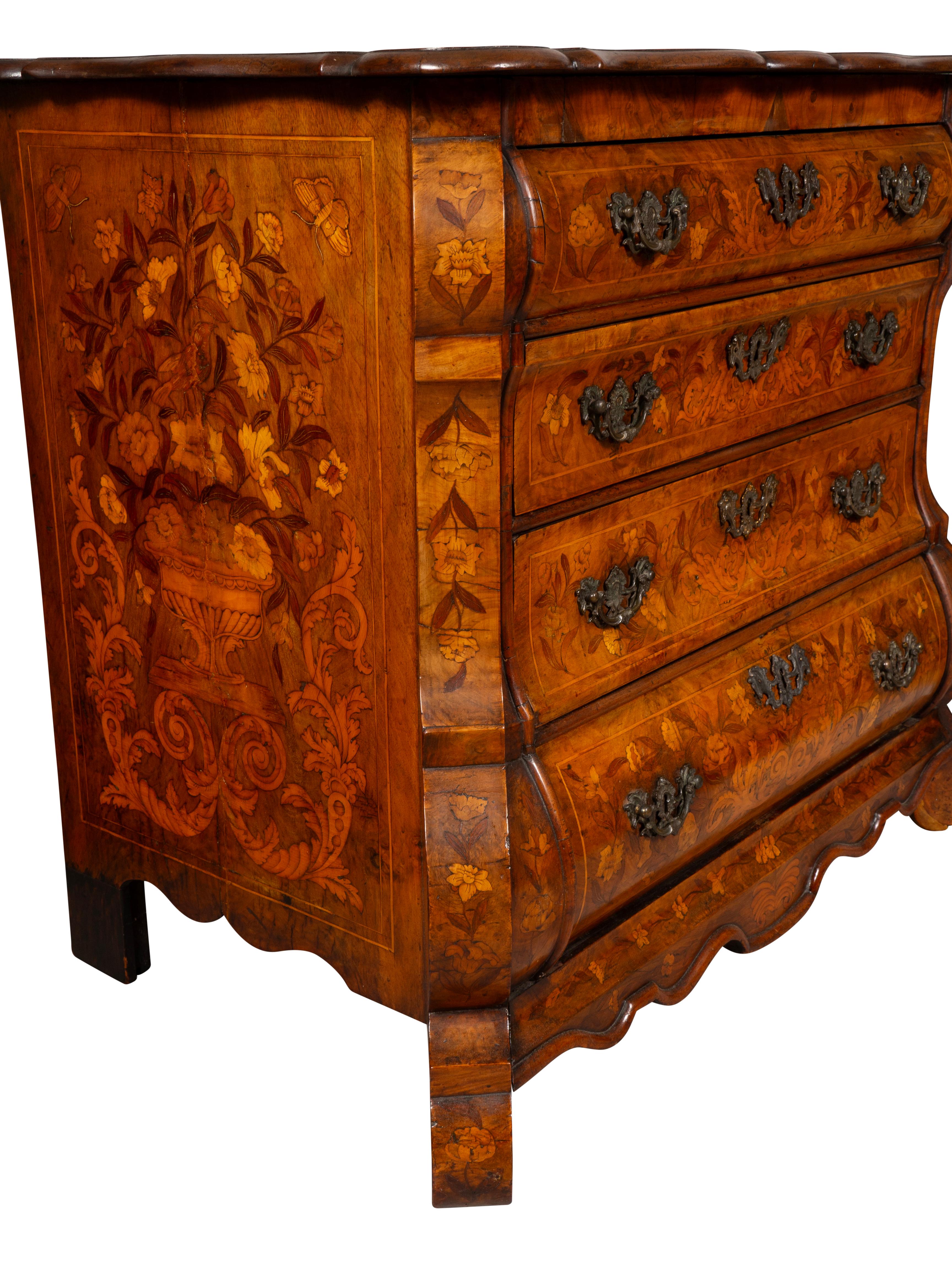 Dutch Walnut and Marquetry Bombe Chest Of Drawers 12