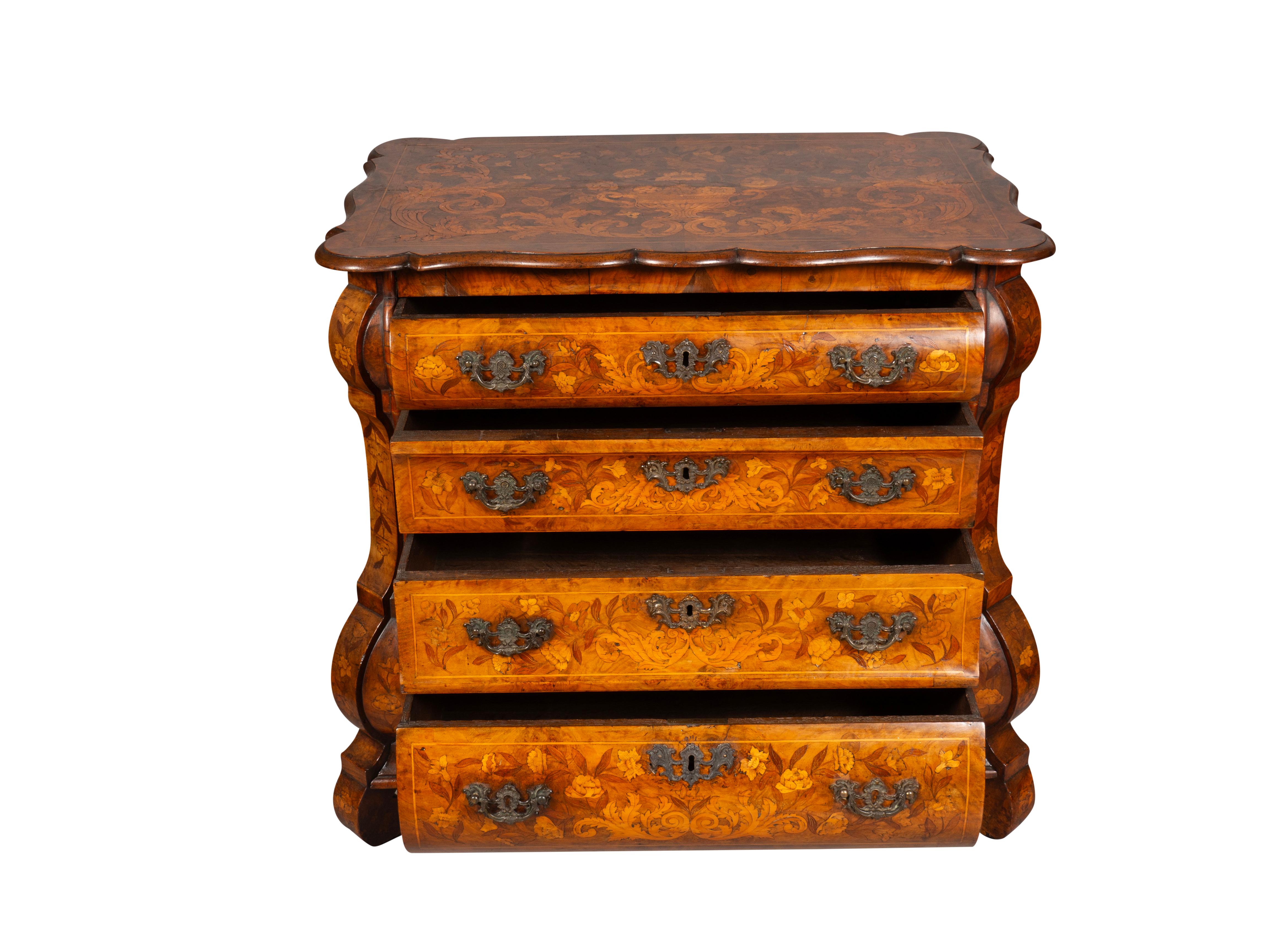 Rococo Revival Dutch Walnut and Marquetry Bombe Chest Of Drawers