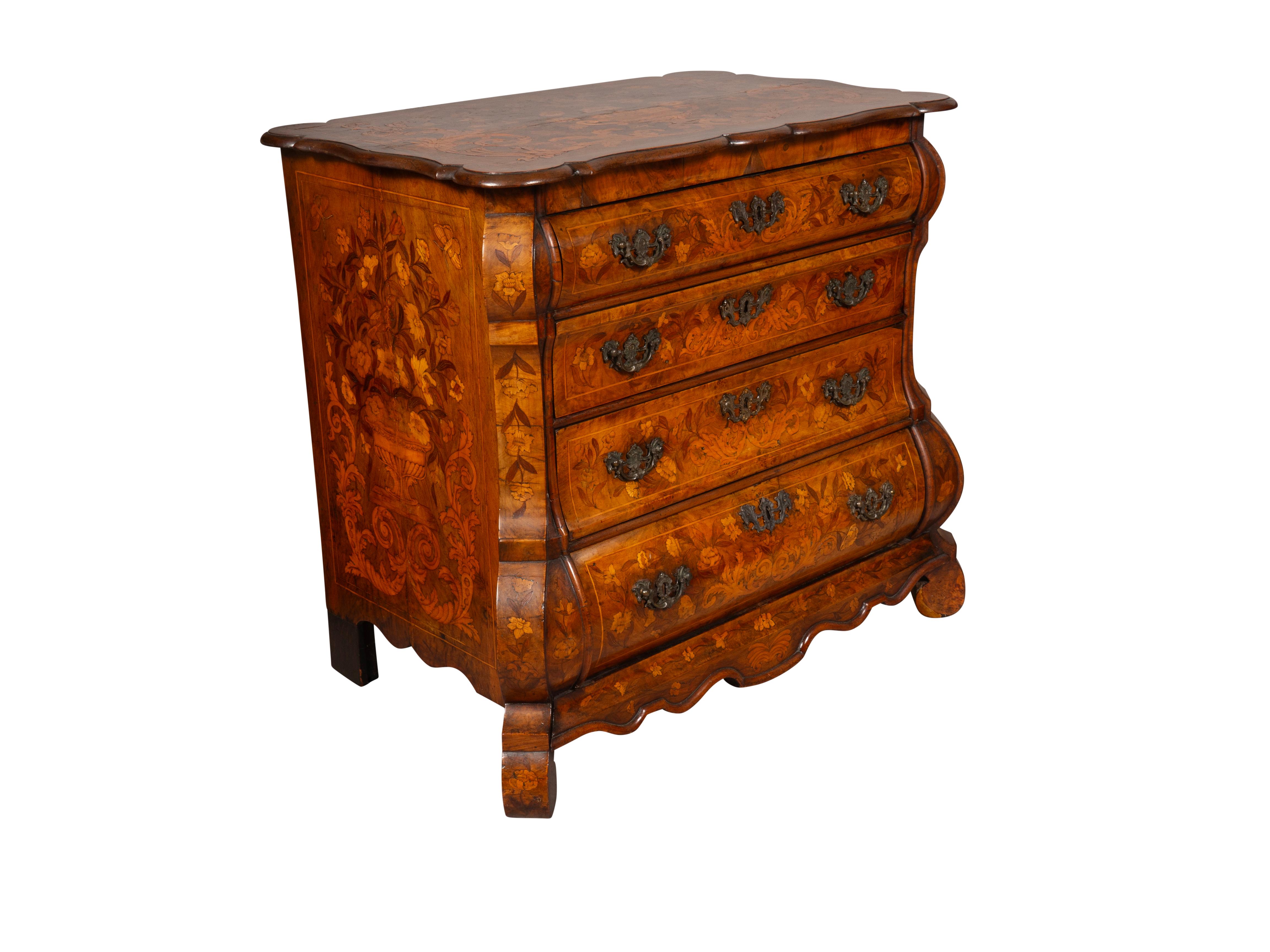 Dutch Walnut and Marquetry Bombe Chest Of Drawers In Good Condition In Essex, MA