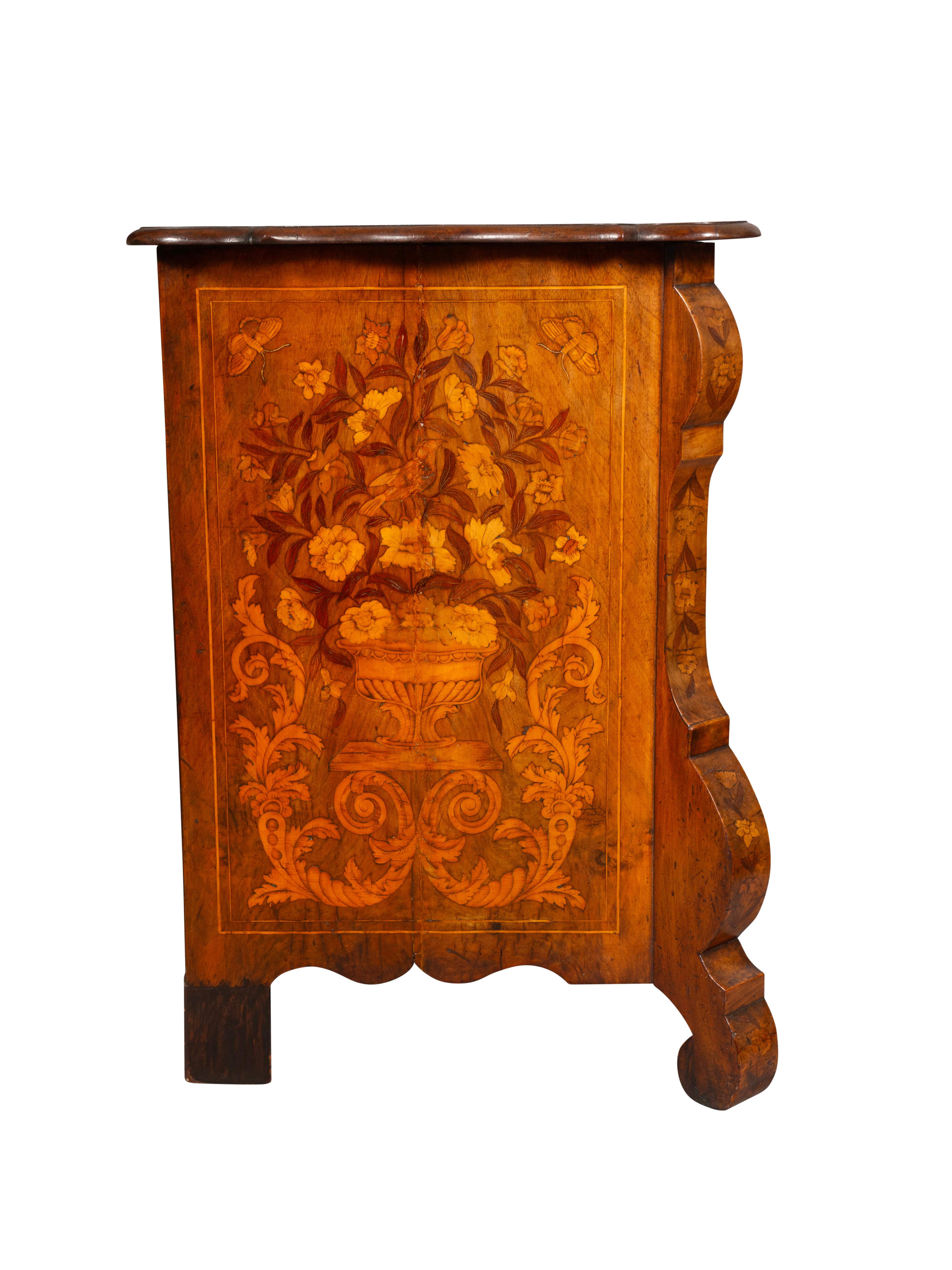 19th Century Dutch Walnut and Marquetry Bombe Chest Of Drawers
