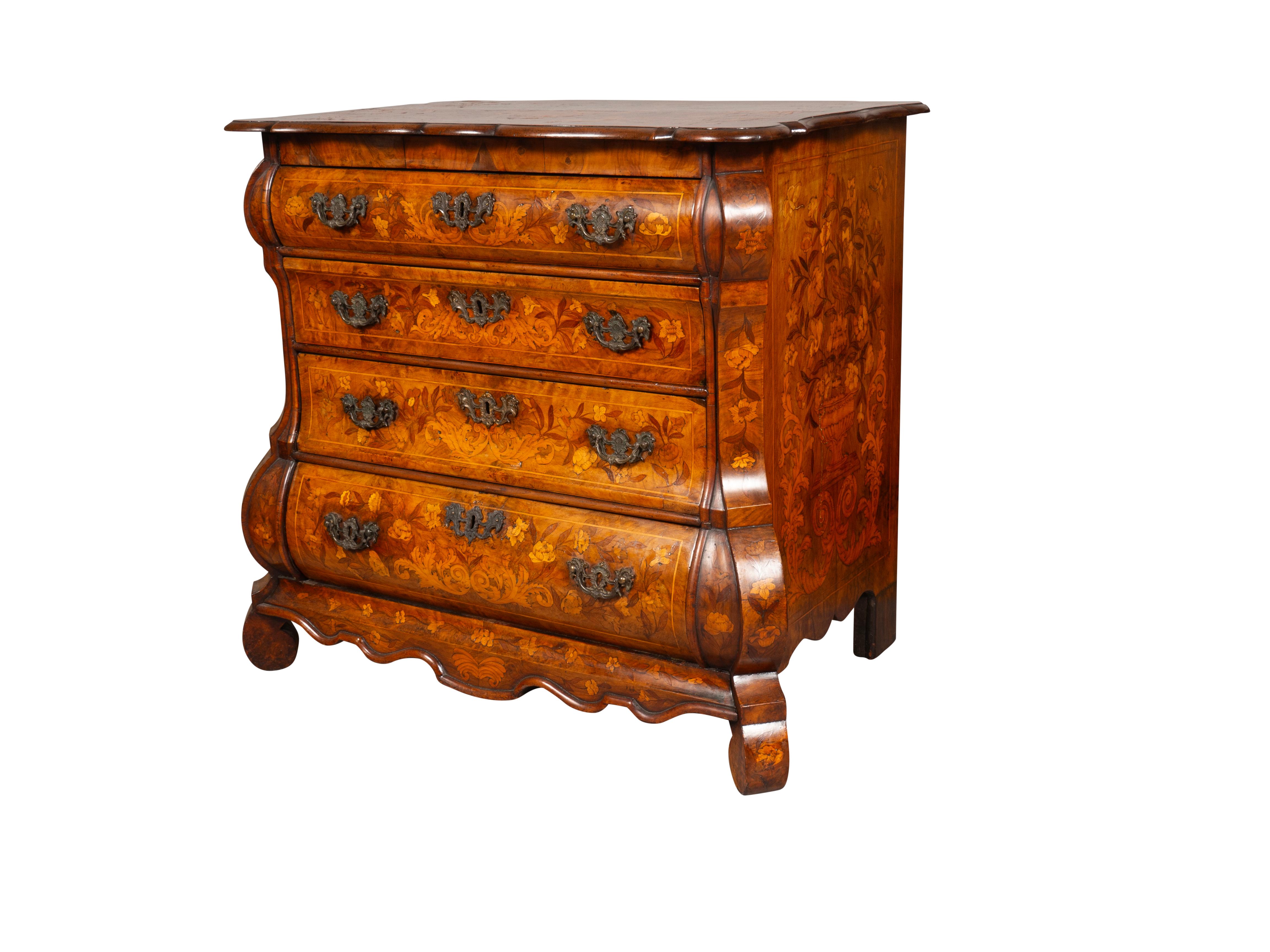 Dutch Walnut and Marquetry Bombe Chest Of Drawers 3